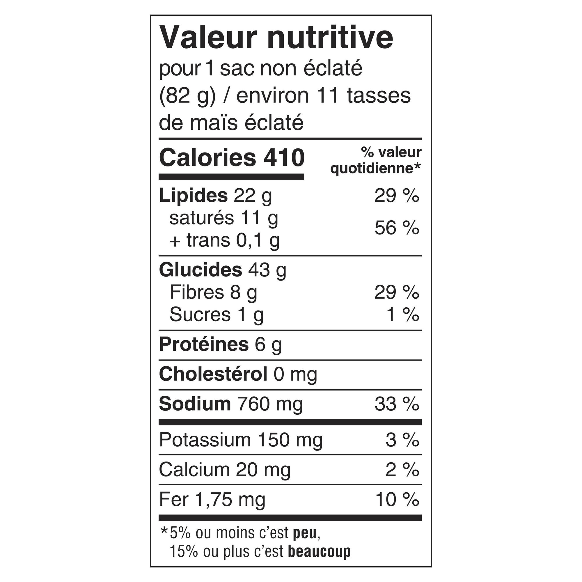 Orville Redenbacher's Gourmet Microwave Popcorn, Extra Buttery, 492g/17.4oz Nutrition Facts label French