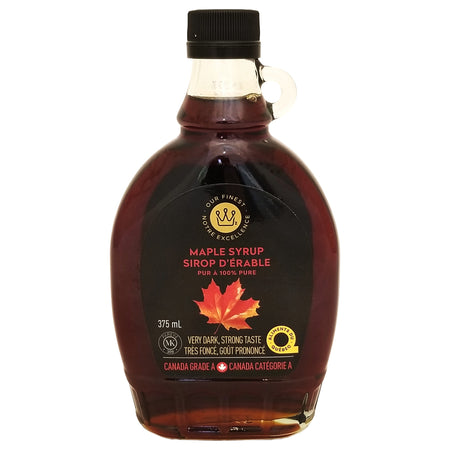 Our Finest Very Dark Maple Syrup 375 ml bottle front view