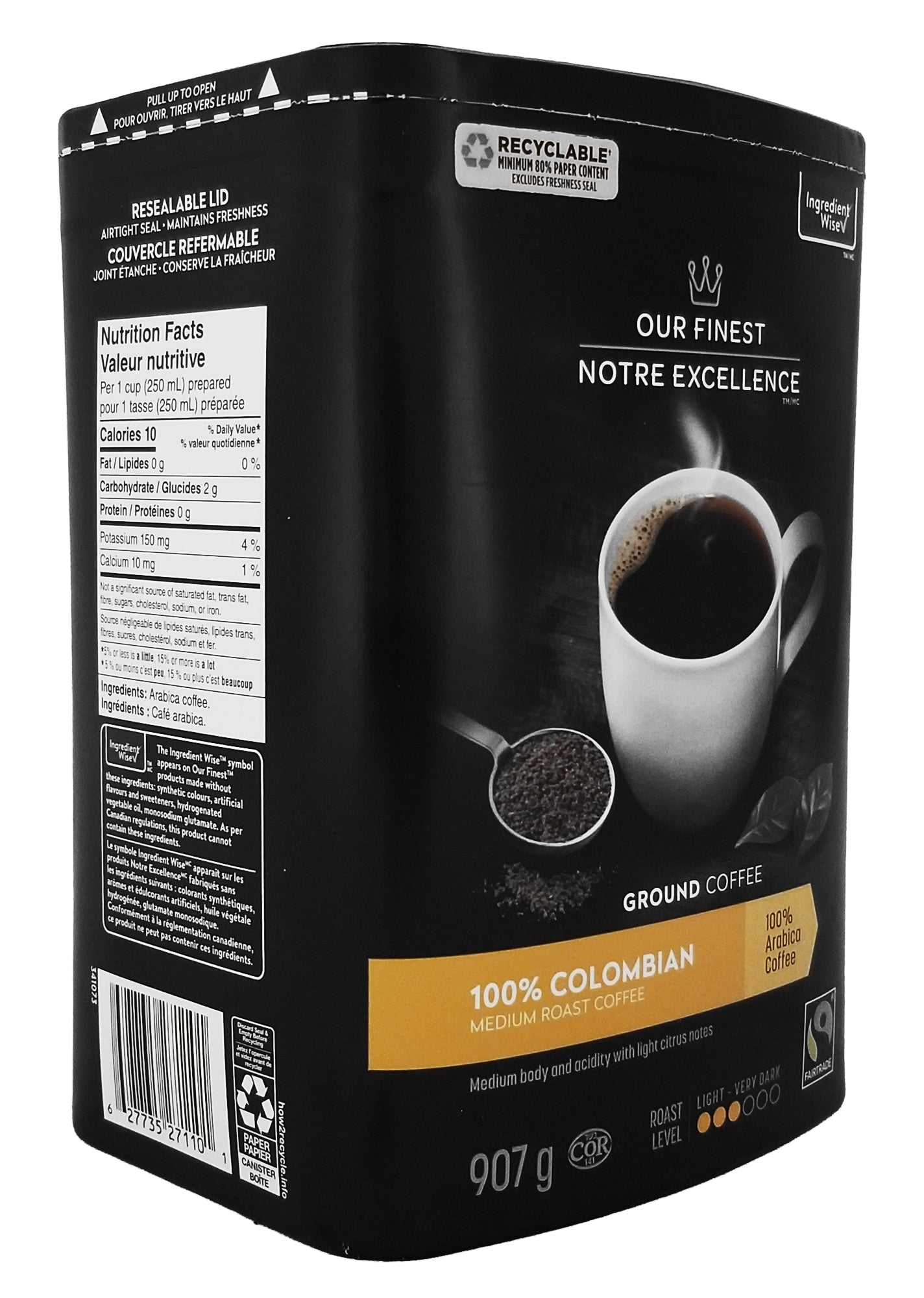 Our Finest 100% Colombian Medium Roast Ground Coffee - 907g package with branding and product details on a black background
