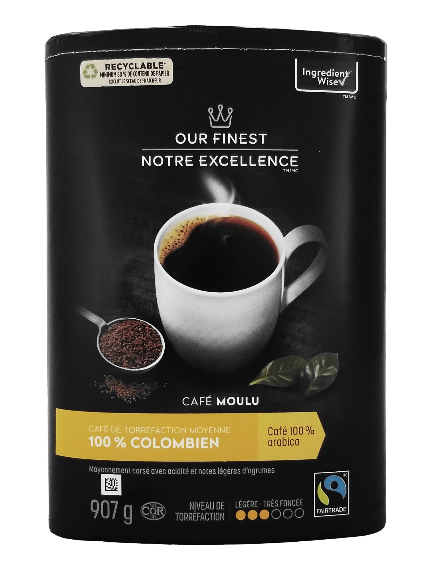 Back of a Our Finest 100% Colombian Medium Roast Ground Coffee - 907g packaging with a cup of coffee and text on a black background