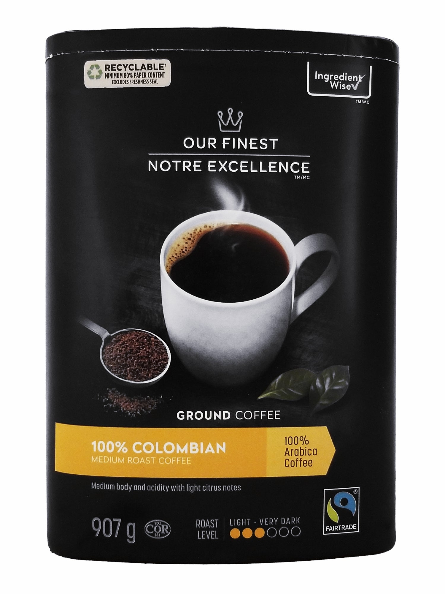 Our Finest 100% Colombian Medium Roast Ground Coffee - 907g package with a cup of coffee on a black background