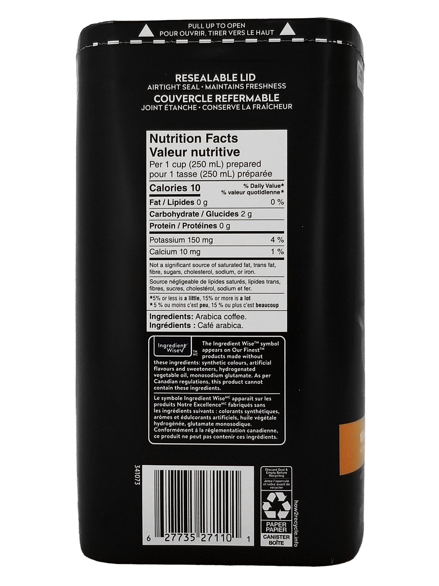 Side label of a Our Finest 100% Colombian Medium Roast Ground Coffee - 907g package with nutritional facts and ingredients.