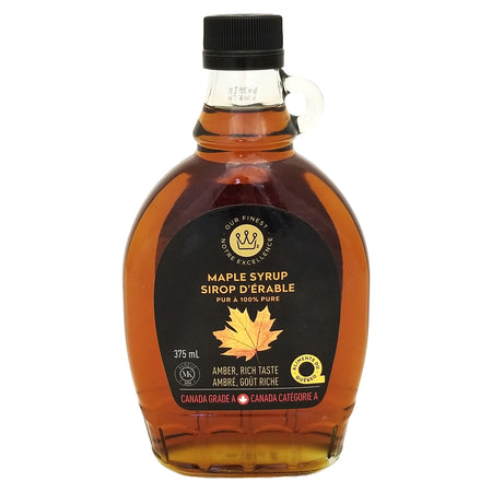 Our Finest Amber Maple Syrup 375 ml bottle front view