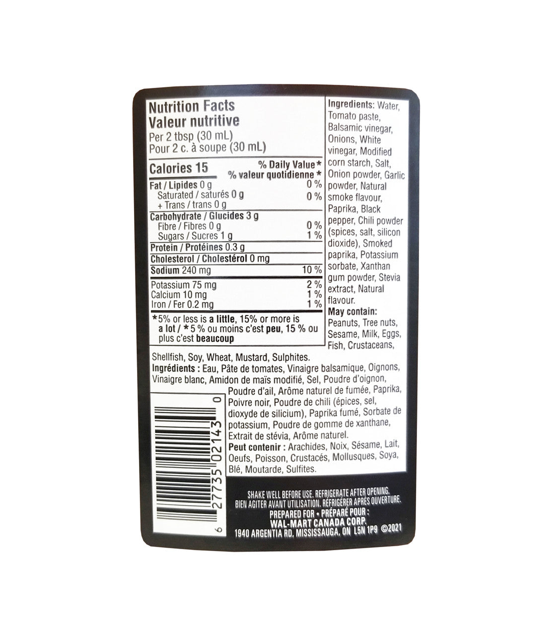 Our Finest Artisan-Style BBQ Sauce, No Sugar Added, 375mL/13 fl. oz. Bottle Back Side