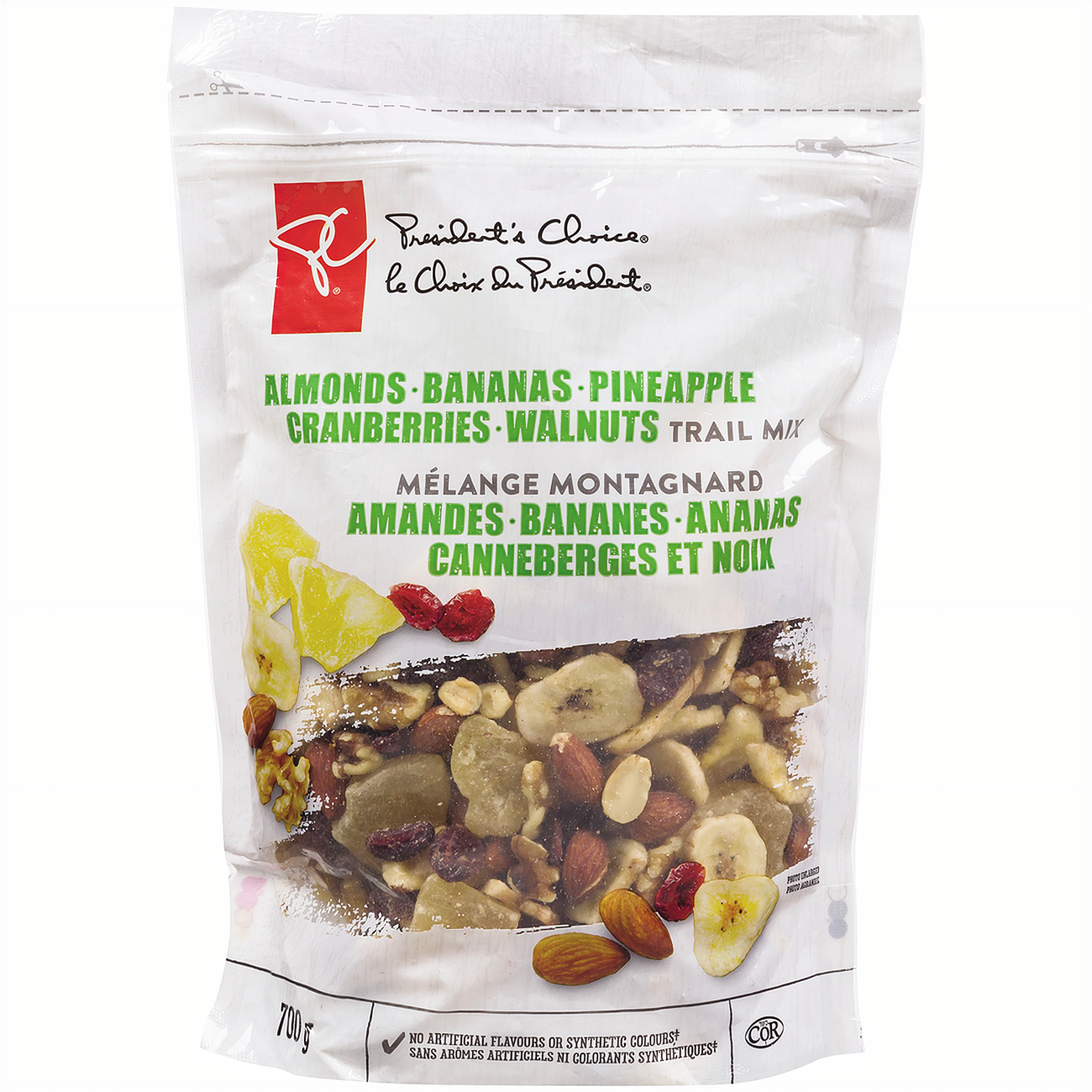 Front of President's Choice Almonds, Bananas, Pineapple, Cranberries, Walnuts Trail Mix, 700g/1.5 lbs., Bag