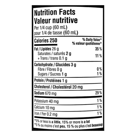 President's Choice Creamy Garlic Wing Sauce nutrition facts label 350ml