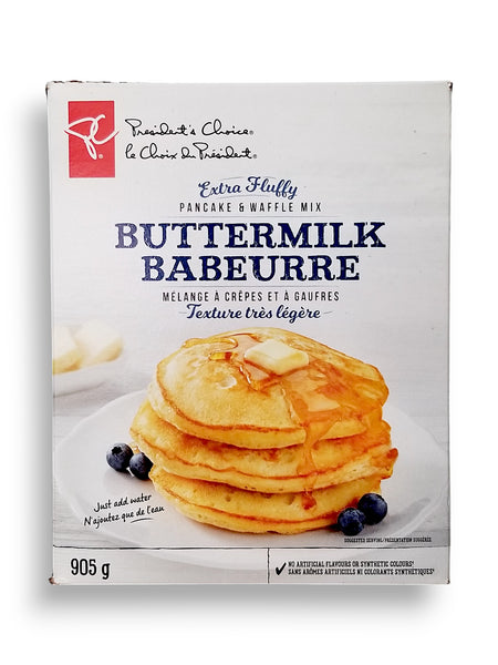 Presidents Choice Extra Fluffy Buttermilk Pancake & Waffle Mix, 905g/2 lb., front of box.