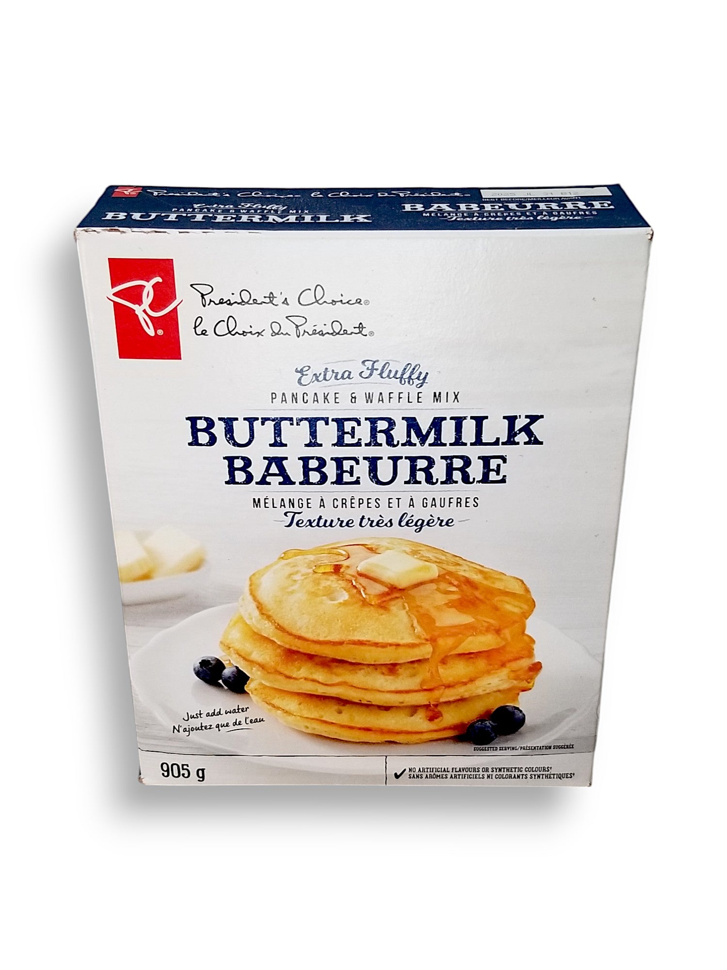 Presidents Choice Extra Fluffy Buttermilk Pancake & Waffle Mix, 905g/2 lb., front of box.