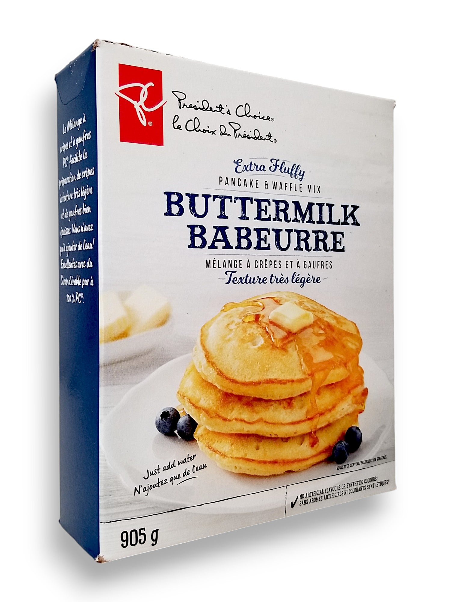 Presidents Choice Extra Fluffy Buttermilk Pancake & Waffle Mix, 905g/2 lb., side of box.