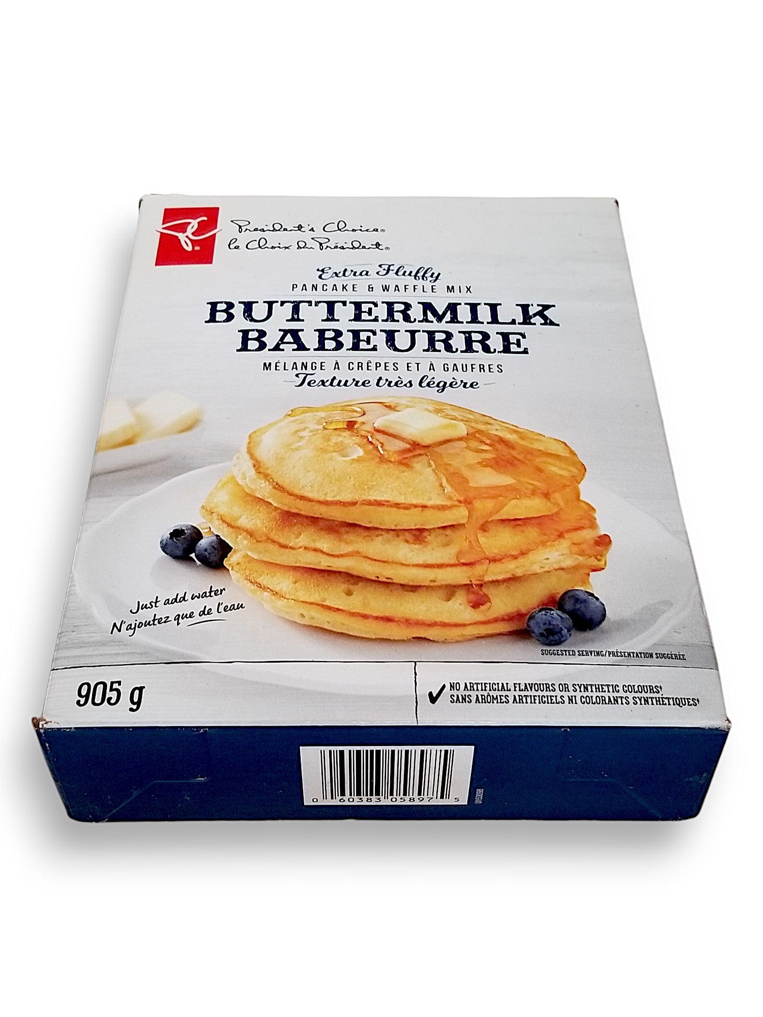 Presidents Choice Extra Fluffy Buttermilk Pancake & Waffle Mix, 905g/2 lb., bottom of box.