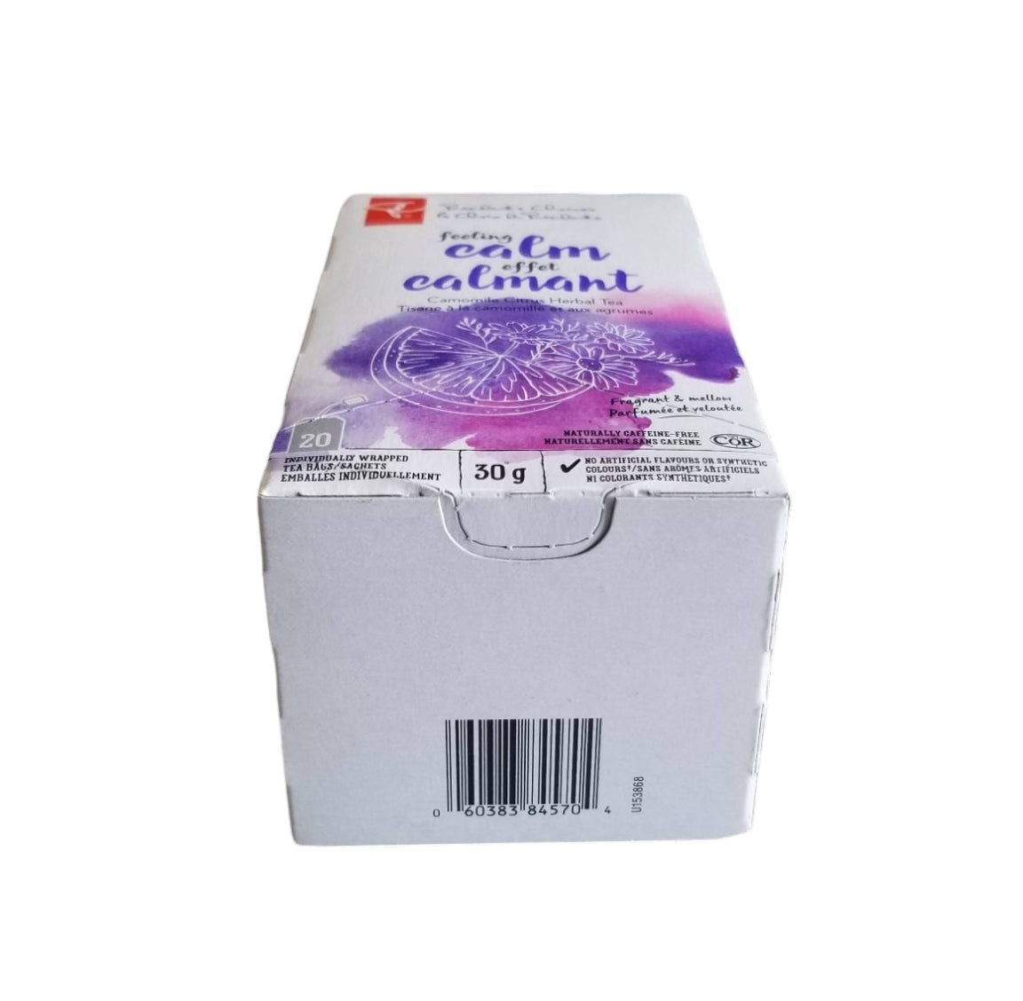 President's Choice Feeling Calm Herbal Tea bottom view upc