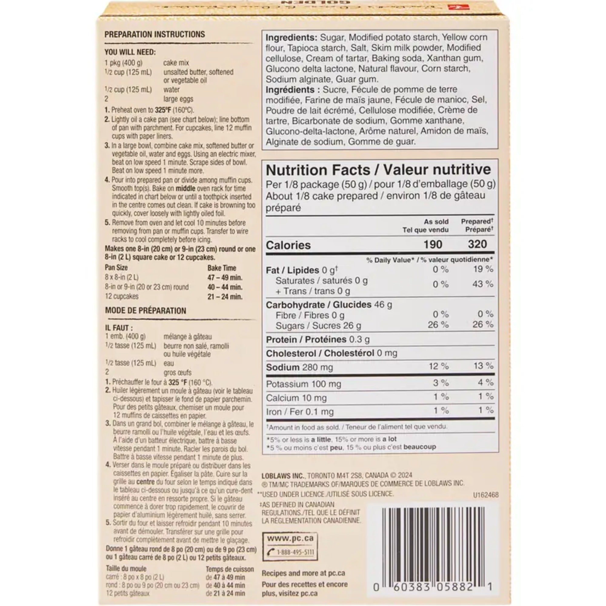 Back of President's Choice Gluten Free Golden Cake Mix box with preparation instructions, ingredients, Nutrition Facts, and barcode.