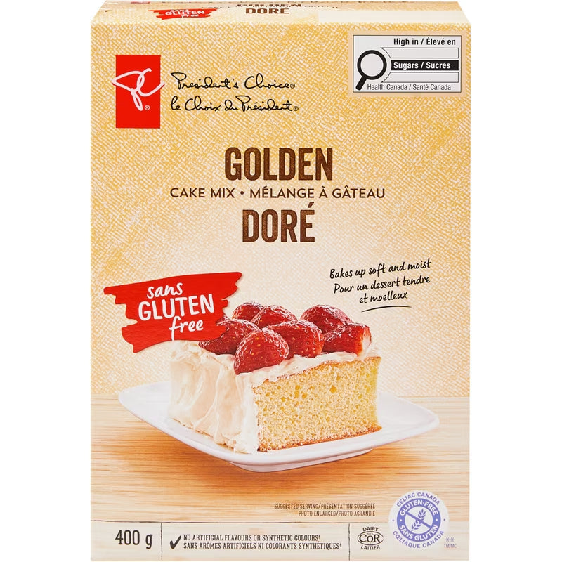 Front of President's Choice Gluten Free Golden Cake Mix 14.1 oz (400 g) box, showing frosted cake topped with strawberries.