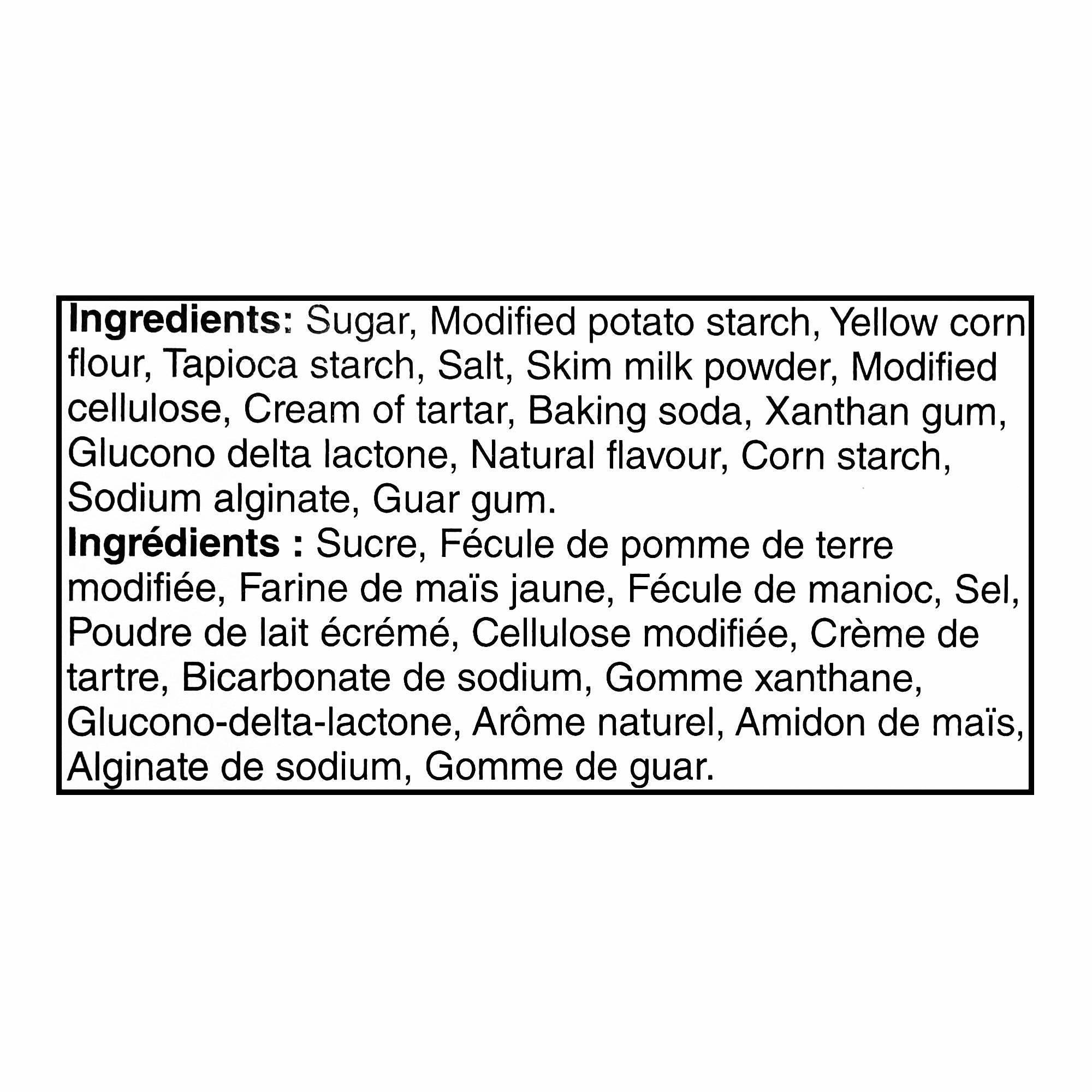 Bilingual ingredients label for President's Choice Gluten Free Golden Cake Mix, including yellow corn flour and skim milk powder.
