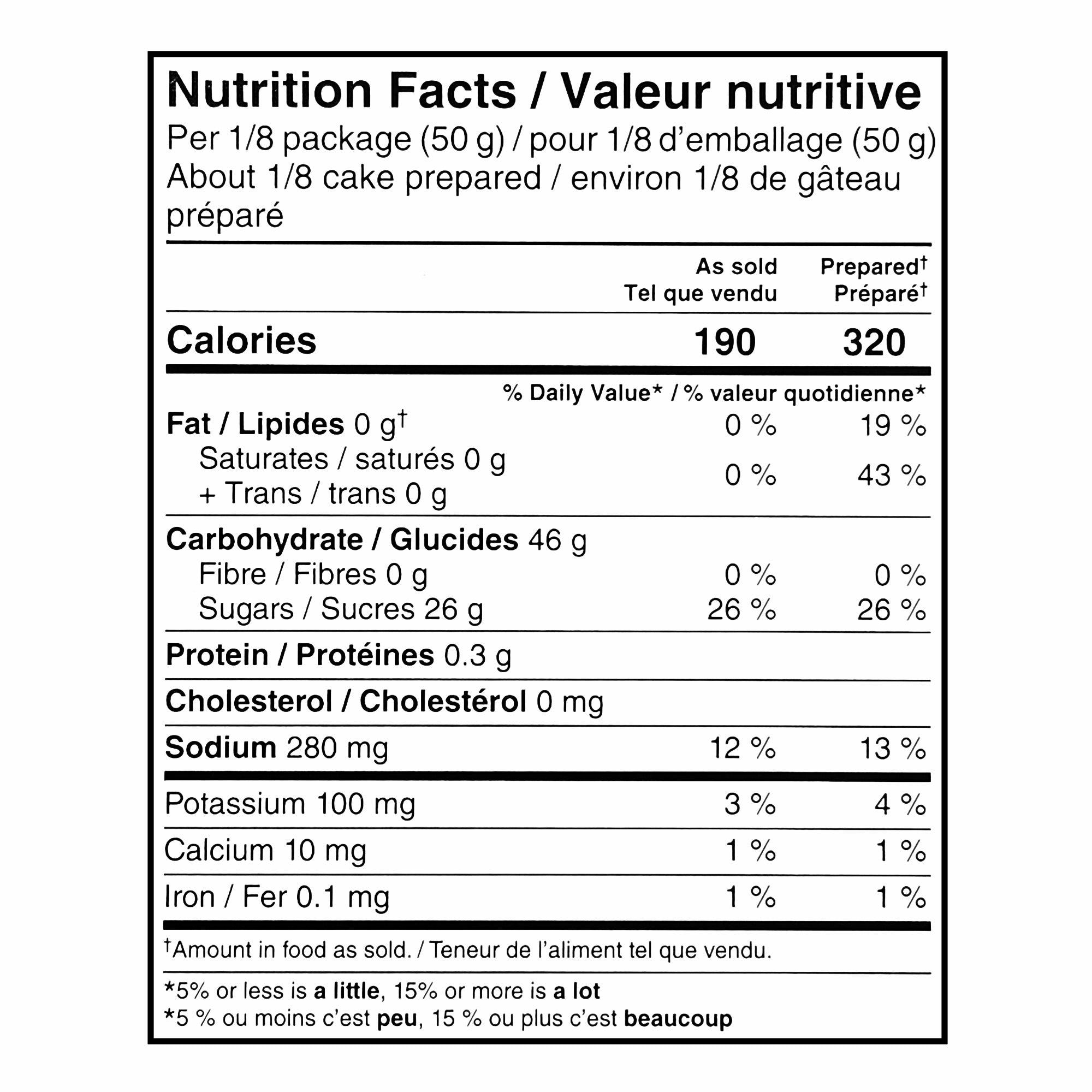 Bilingual Nutrition Facts label for President's Choice Gluten Free Golden Cake Mix, comparing the dry mix with prepared cake.