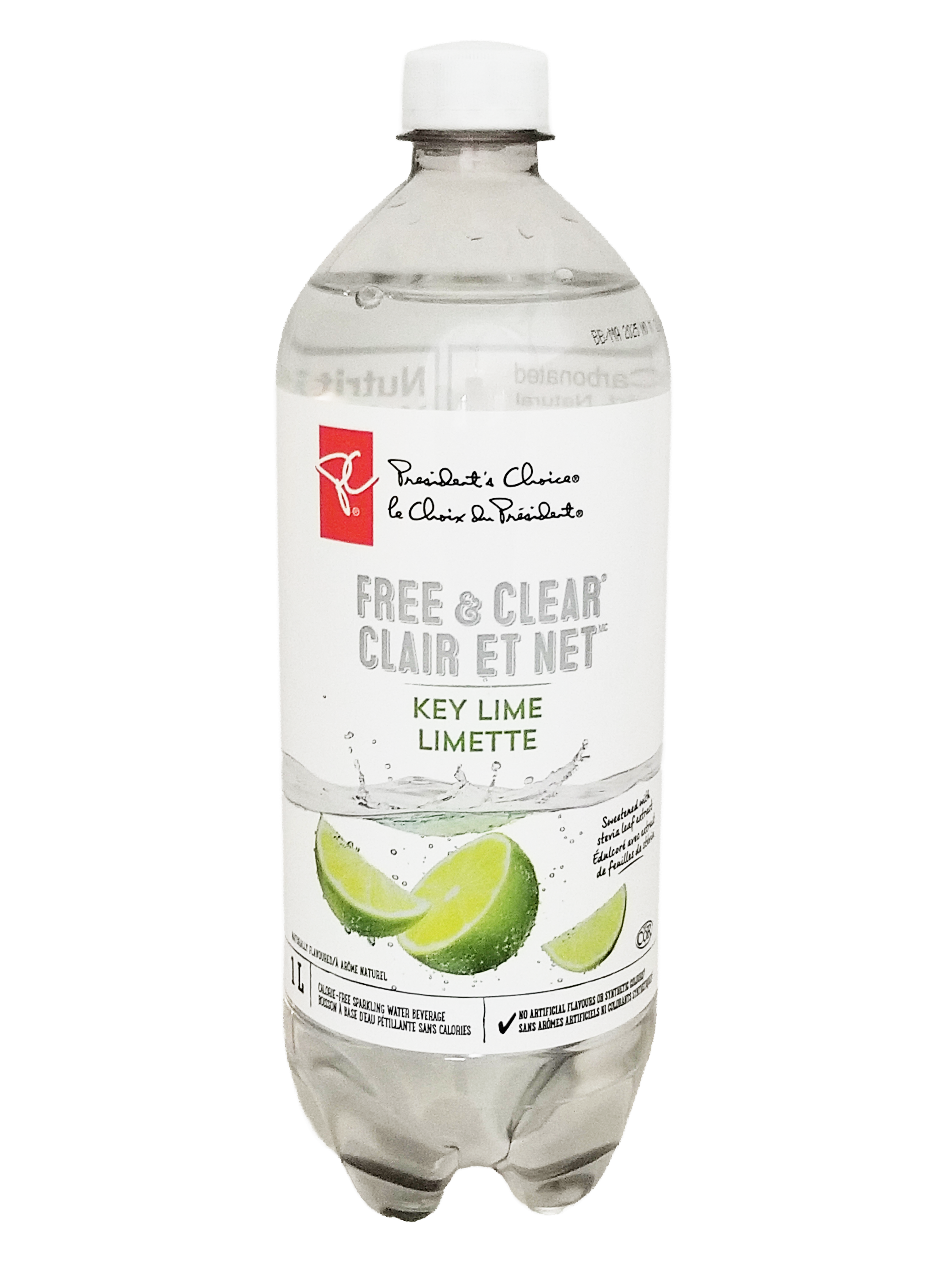 Bottle of President's Choice Key Lime Flavored Sparkling Water, 1L/35.2 fl oz on a white background