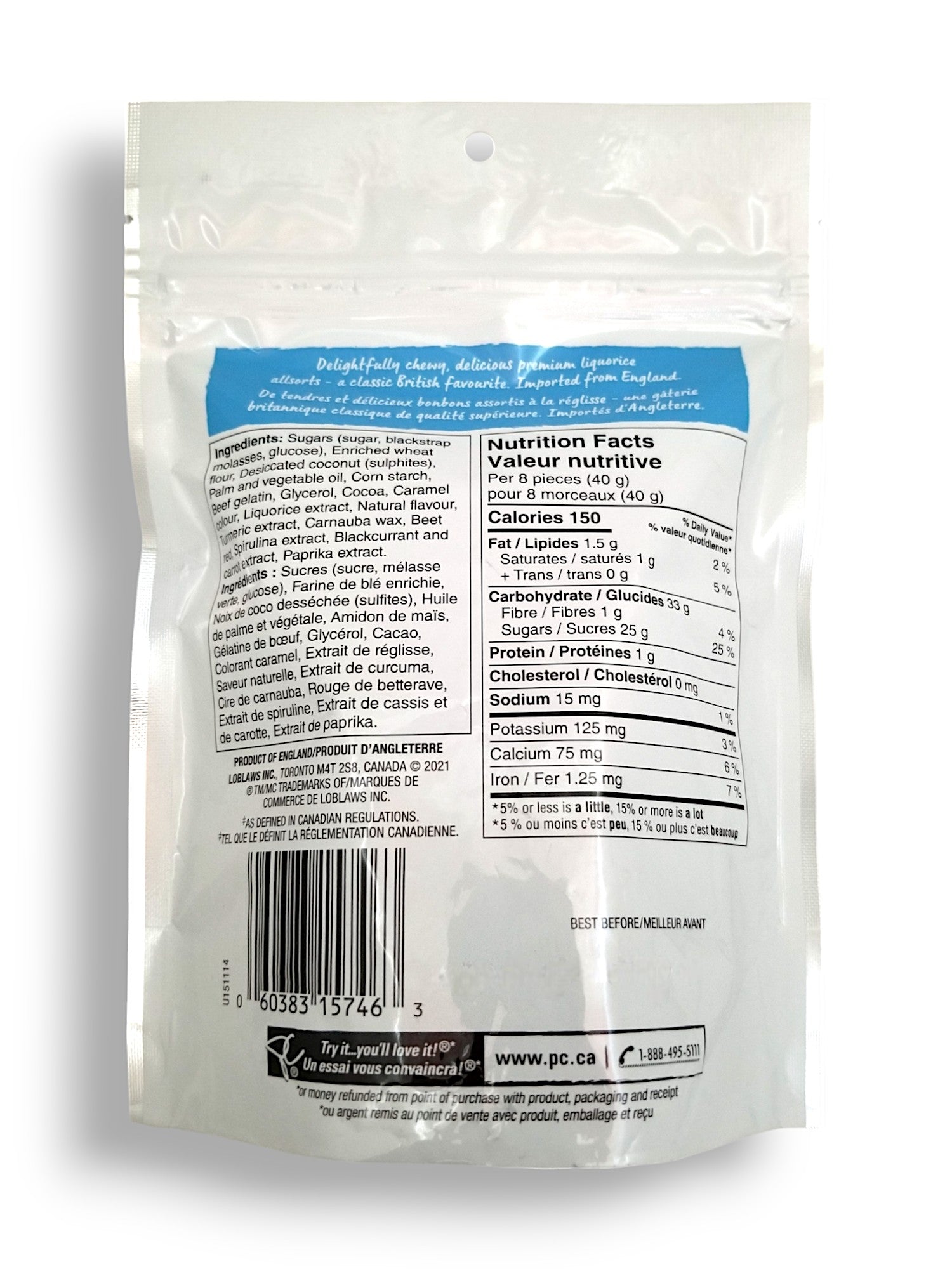 Presidents Choice Liquorice Allsorts Gummy Candy, 200g/7 oz., Bag, back of bag.