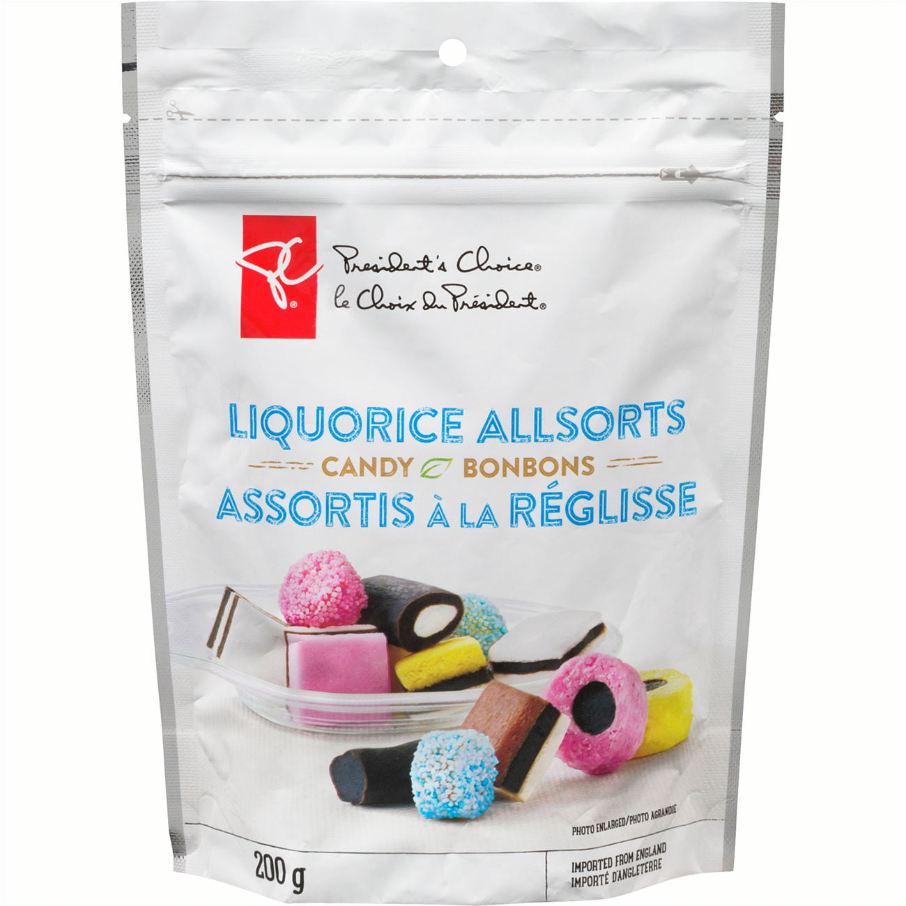 Presidents Choice Liquorice Allsorts Gummy Candy, 200g/7 oz., Bag, front of bag.