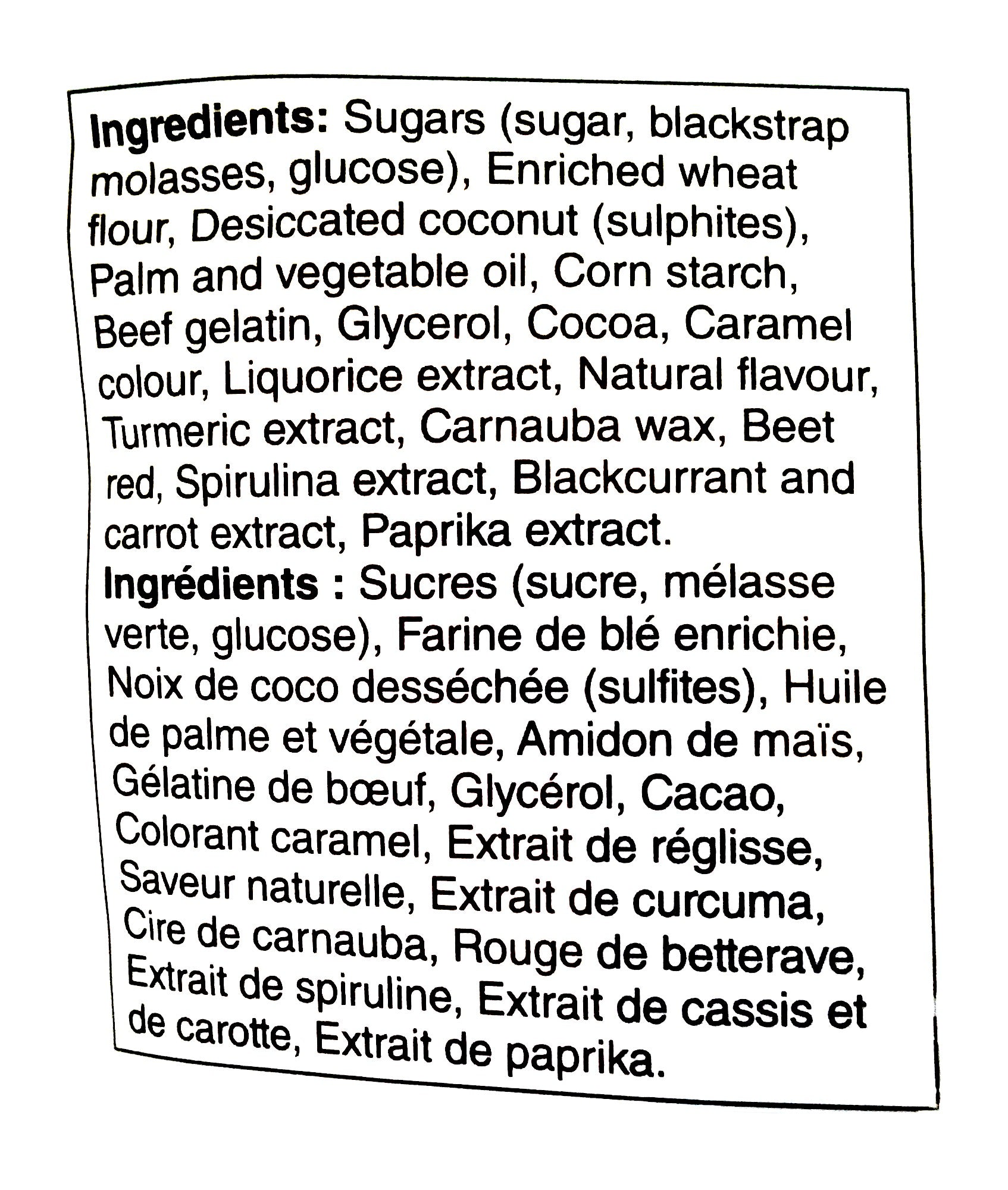 Presidents Choice Liquorice Allsorts Gummy Candy, 200g/7 oz., Bag, ingredients label.