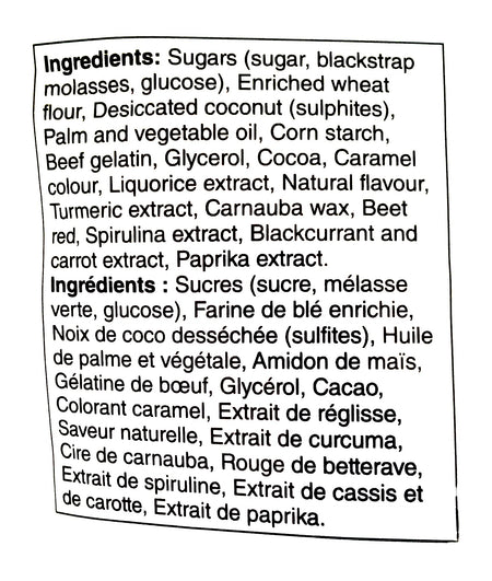 Presidents Choice Liquorice Allsorts Gummy Candy, 200g/7 oz., Bag, ingredients label.