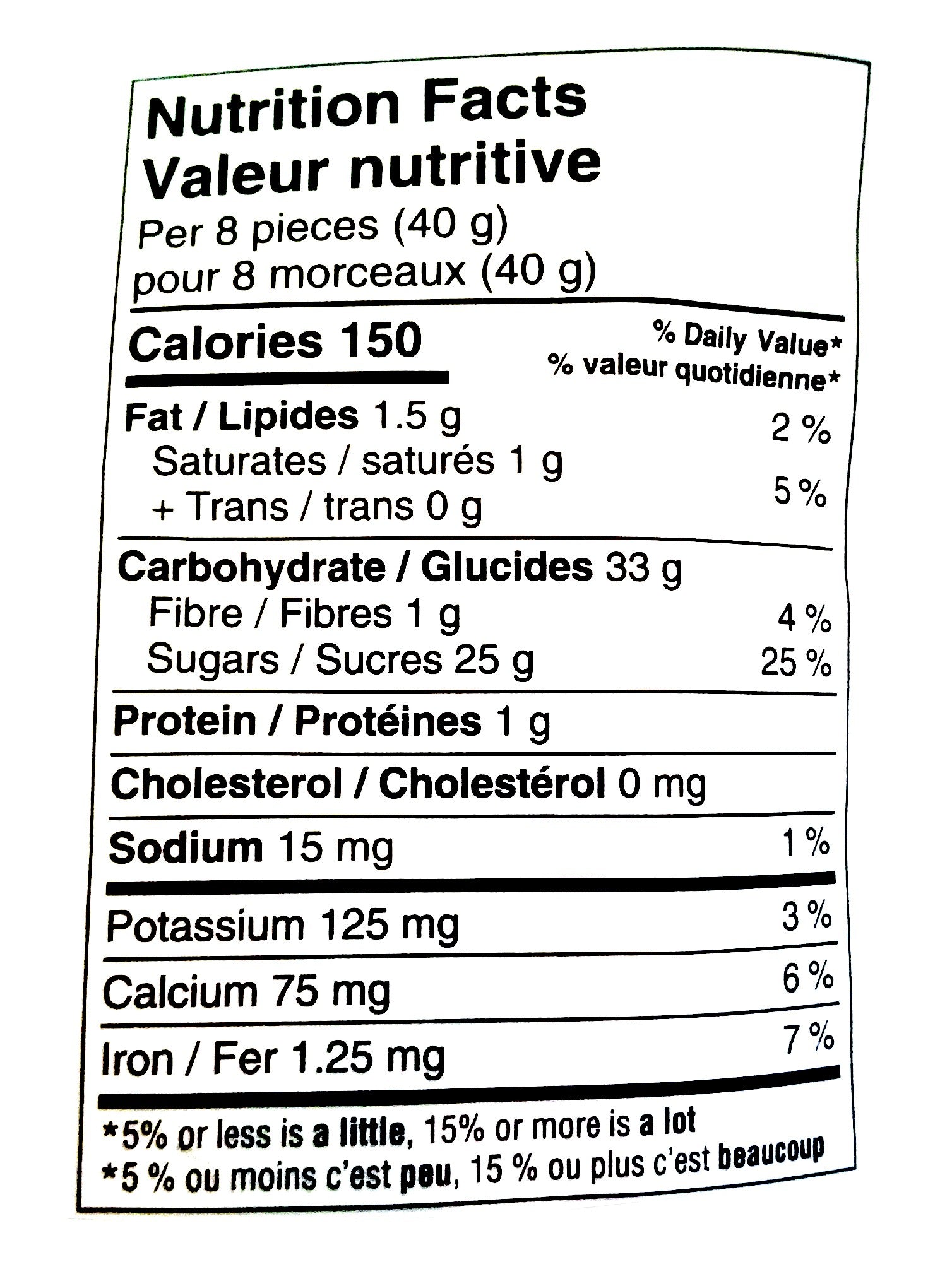 Presidents Choice Liquorice Allsorts Gummy Candy, 200g/7 oz., Bag, nutrition facts label.