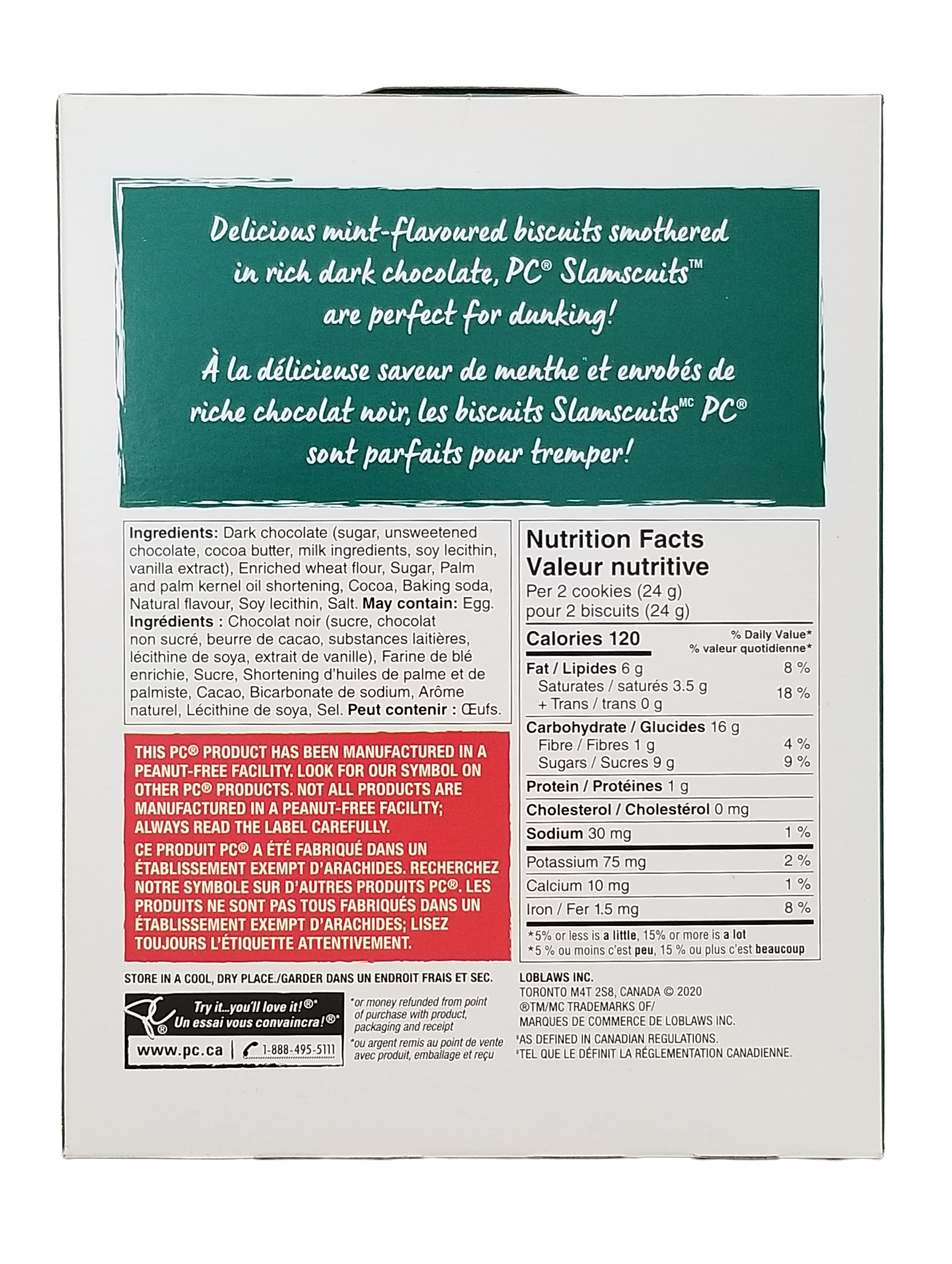 Back of President's Choice Mint Slamscuits package with text and nutrition facts label
