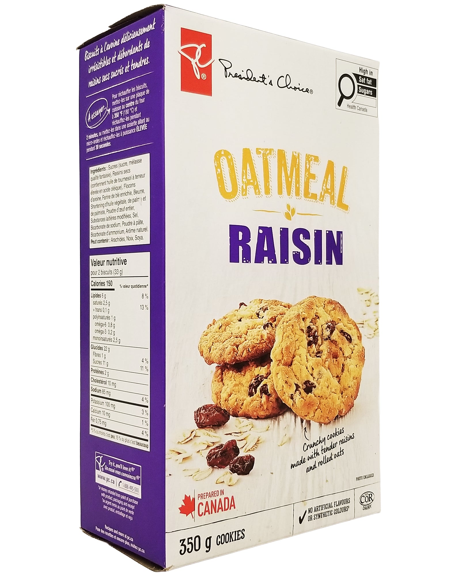 President's Choice Oatmeal Raisin Cookies 350g bag — angled view