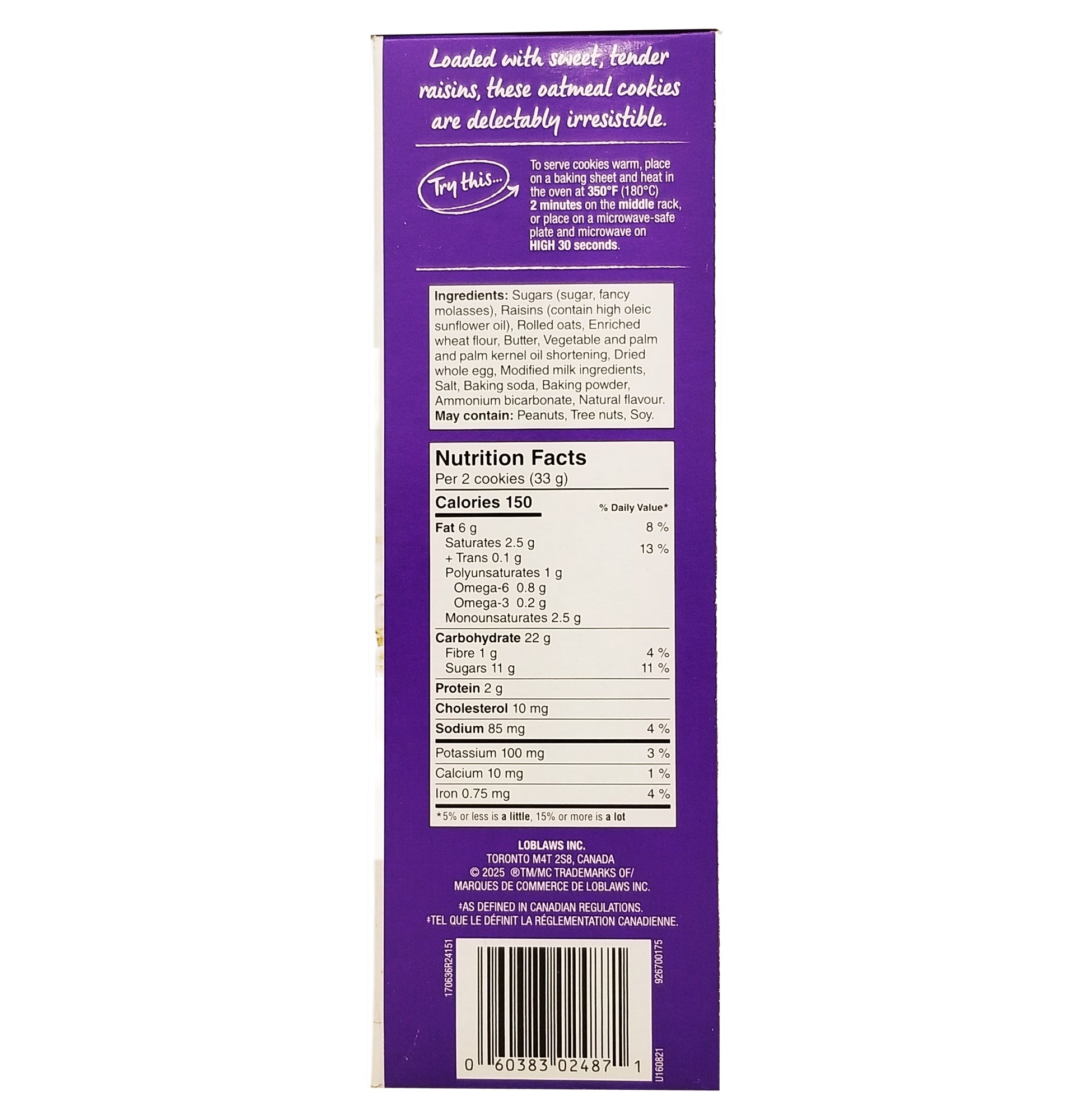 President's Choice Oatmeal Raisin Cookies 350g — side of bag