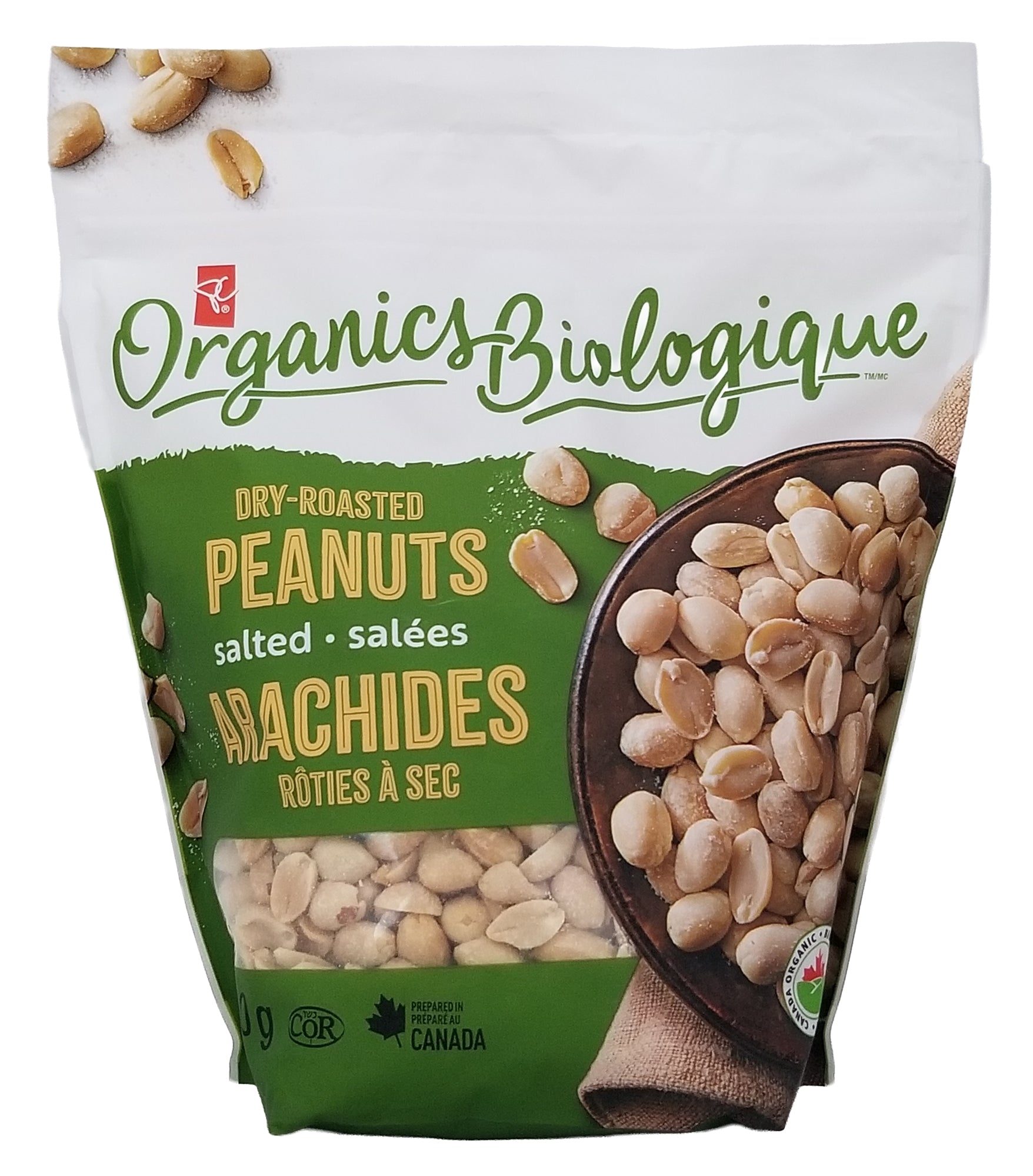 Bag of Organics Biologique dry-roasted salted peanuts on a white background