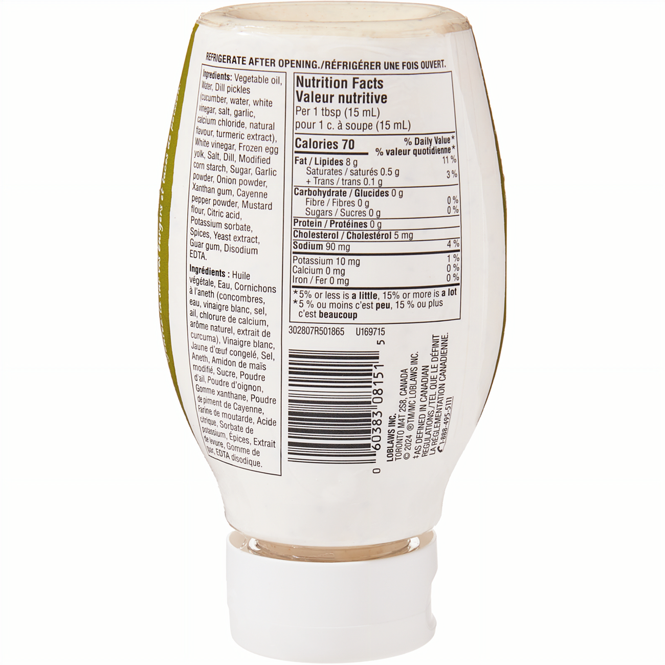 Back of President's Choice Spicy Pickle Mayo Sandwich Spread, 300ml/10.1 fl. oz with label on a white background.