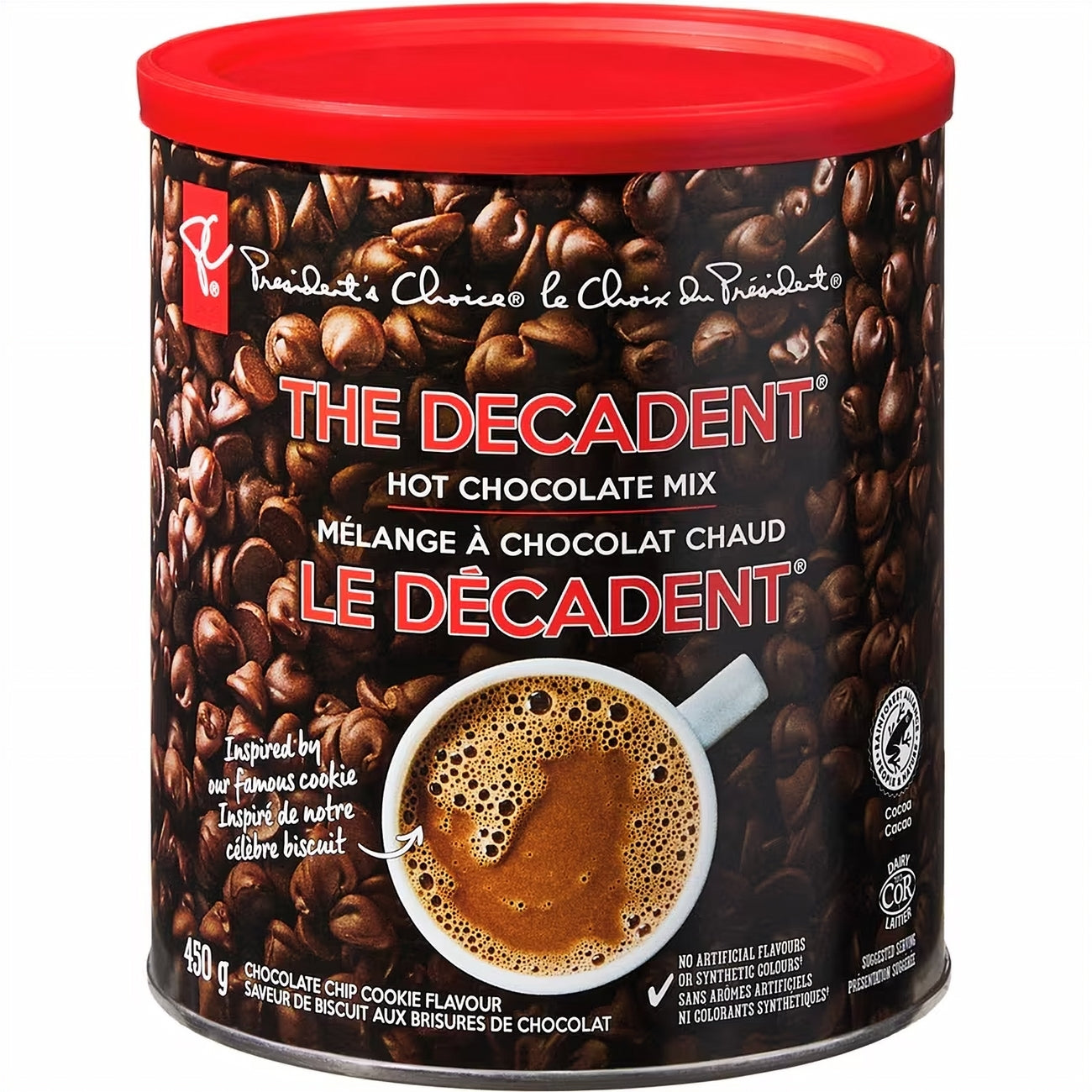Canister of The Decadent hot chocolate mix with red lid and chocolate chip design.