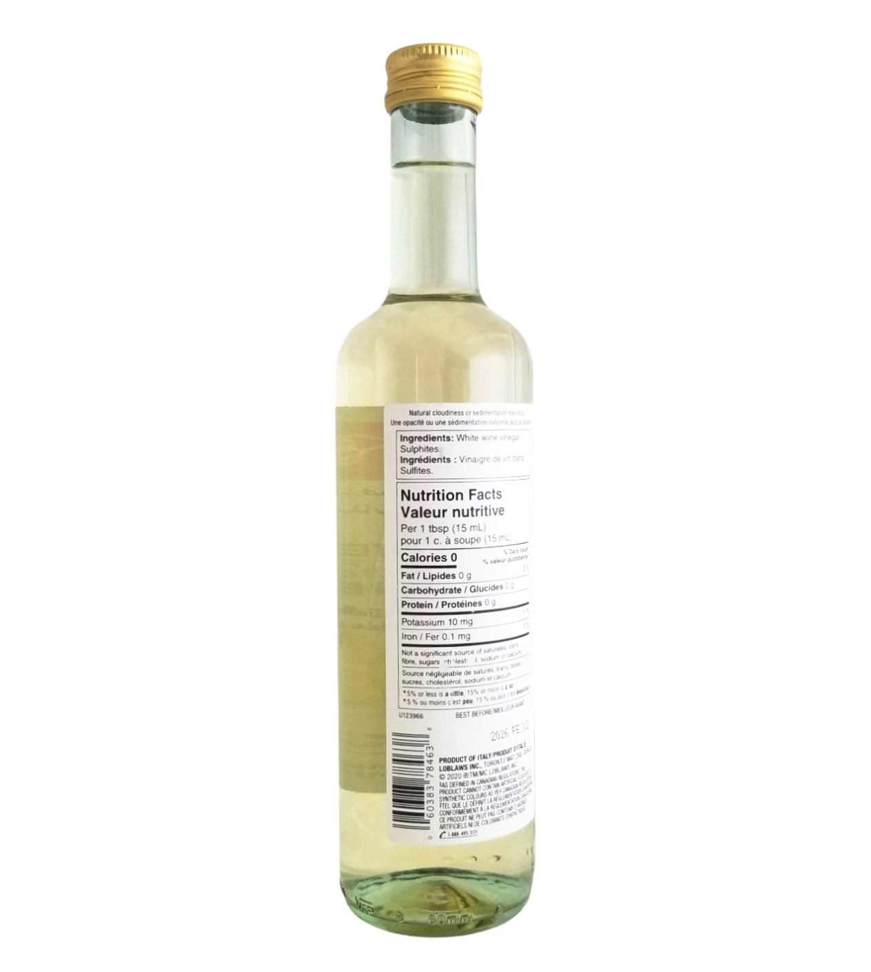 President's Choice White Wine Vinegar back of Bottle