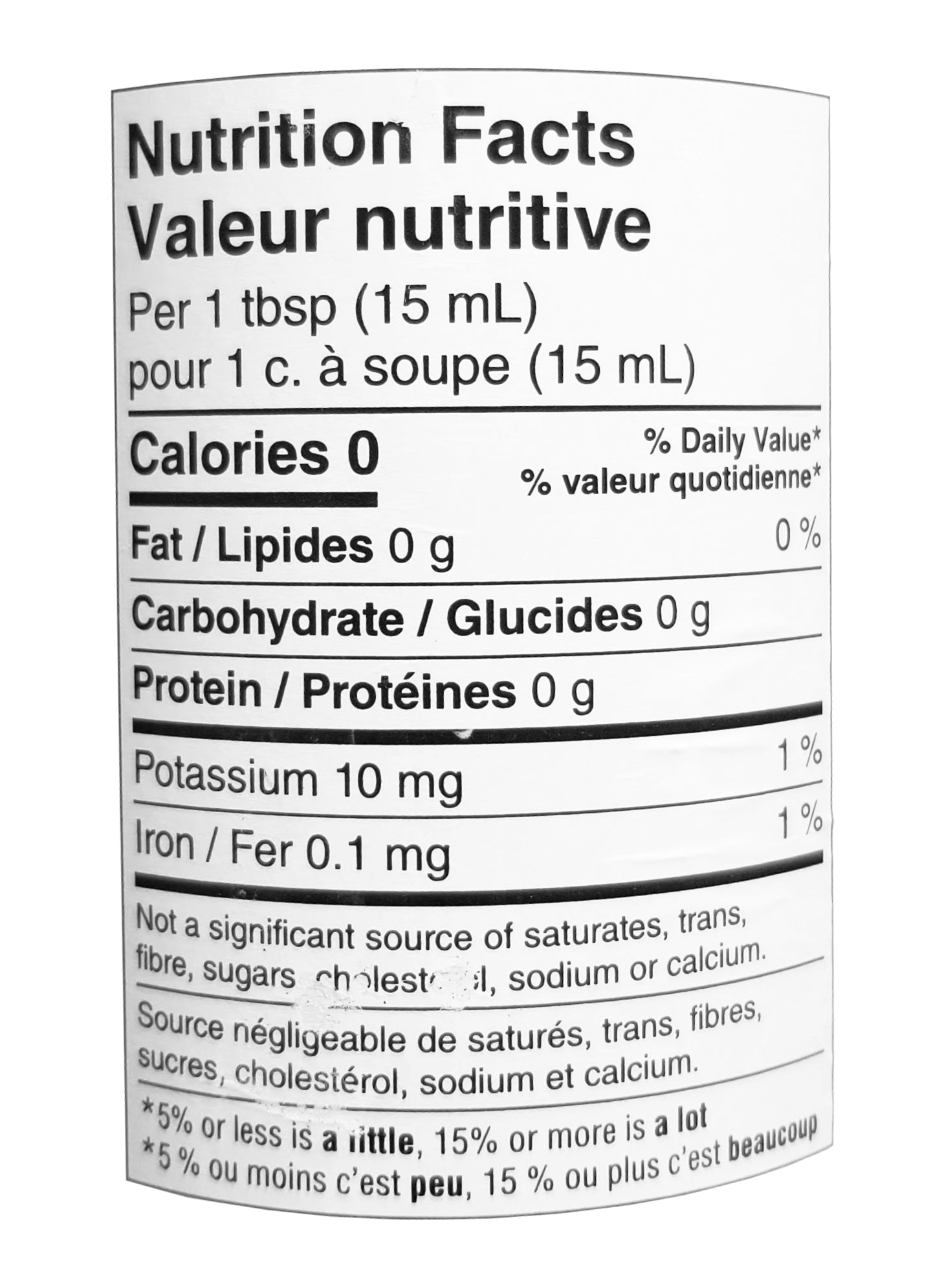 President's Choice White Wine Vinegar Nutrition Facts Label