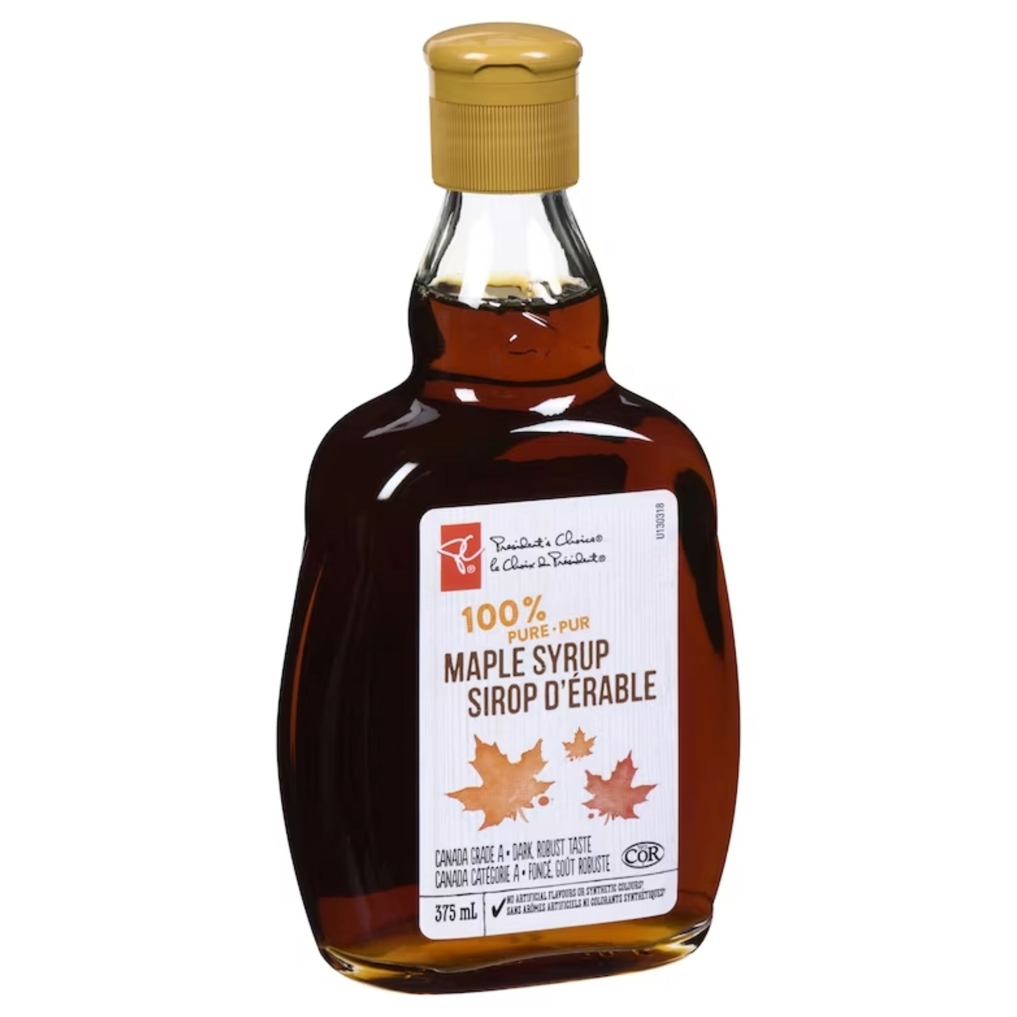 Angled view of President’s Choice 375 mL maple syrup bottle showing the Canada Grade A Dark Robust Taste label.