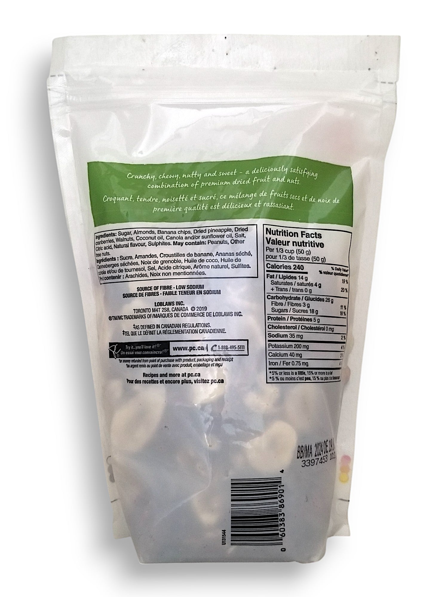 Back of President's Choice Almonds, Bananas, Pineapple, Cranberries, Walnuts Trail Mix, 700g/1.5 lbs., Bag
