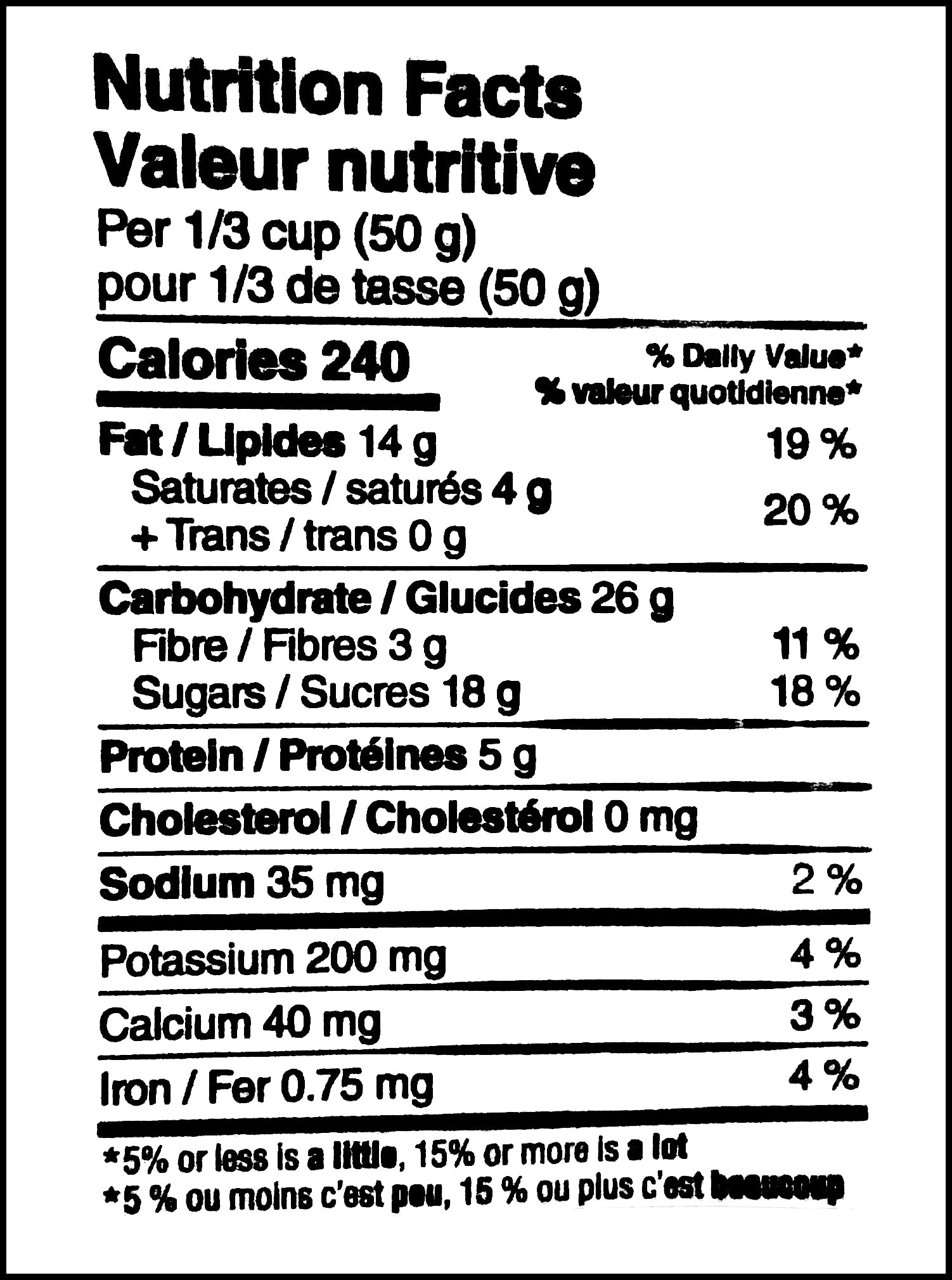 Nutrition facts label of President's Choice Almonds, Bananas, Pineapple, Cranberries, Walnuts Trail Mix, 700g/1.5 lbs., Bag