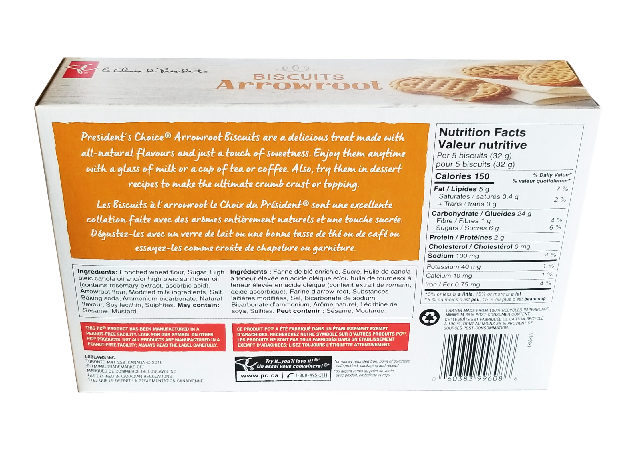 PC Arrowroot Cookies, 350g/12 oz. Box Back Side