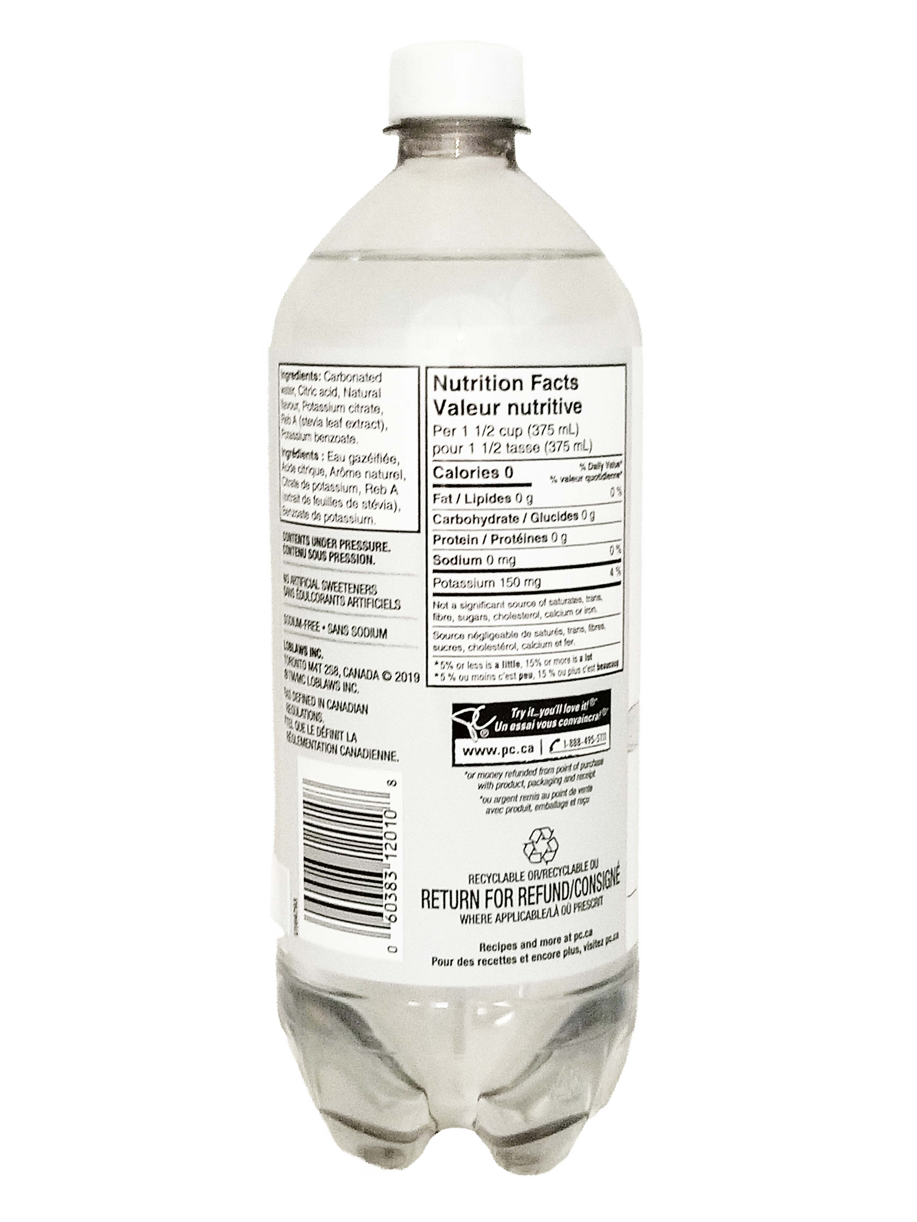 Clear plastic bottle of President's Choice Berries Of The Woods Flavored Sparkling Water, 1L/35.2 fl oz with nutritional label on a white background