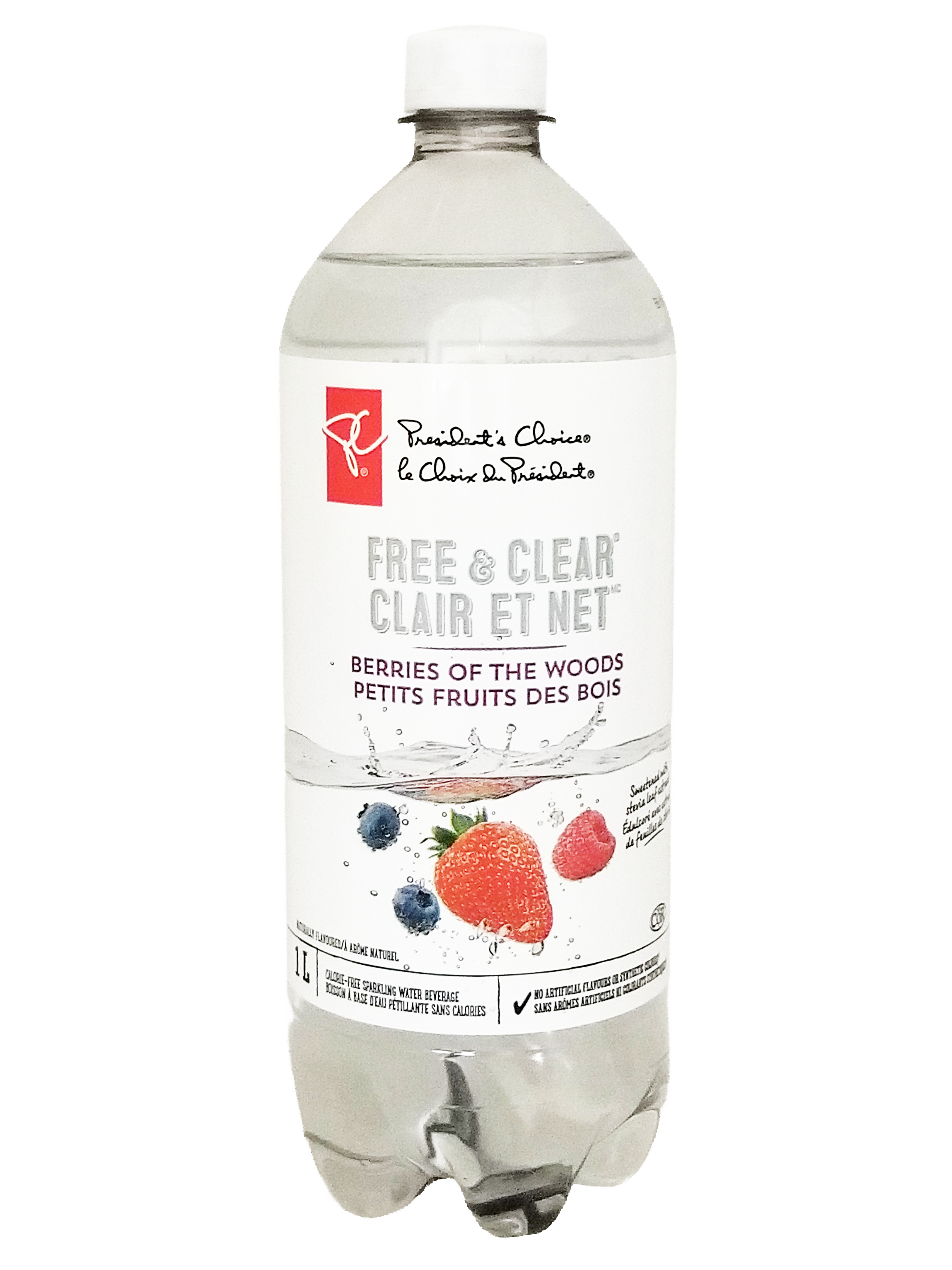 Bottle of President's Choice Berries Of The Woods Flavored Sparkling Water, 1L/35.2 fl oz with berry flavor on a white background
