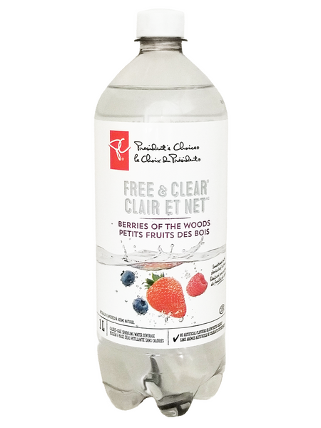 Bottle of President's Choice Berries Of The Woods Flavored Sparkling Water, 1L/35.2 fl oz with berry flavor on a white background