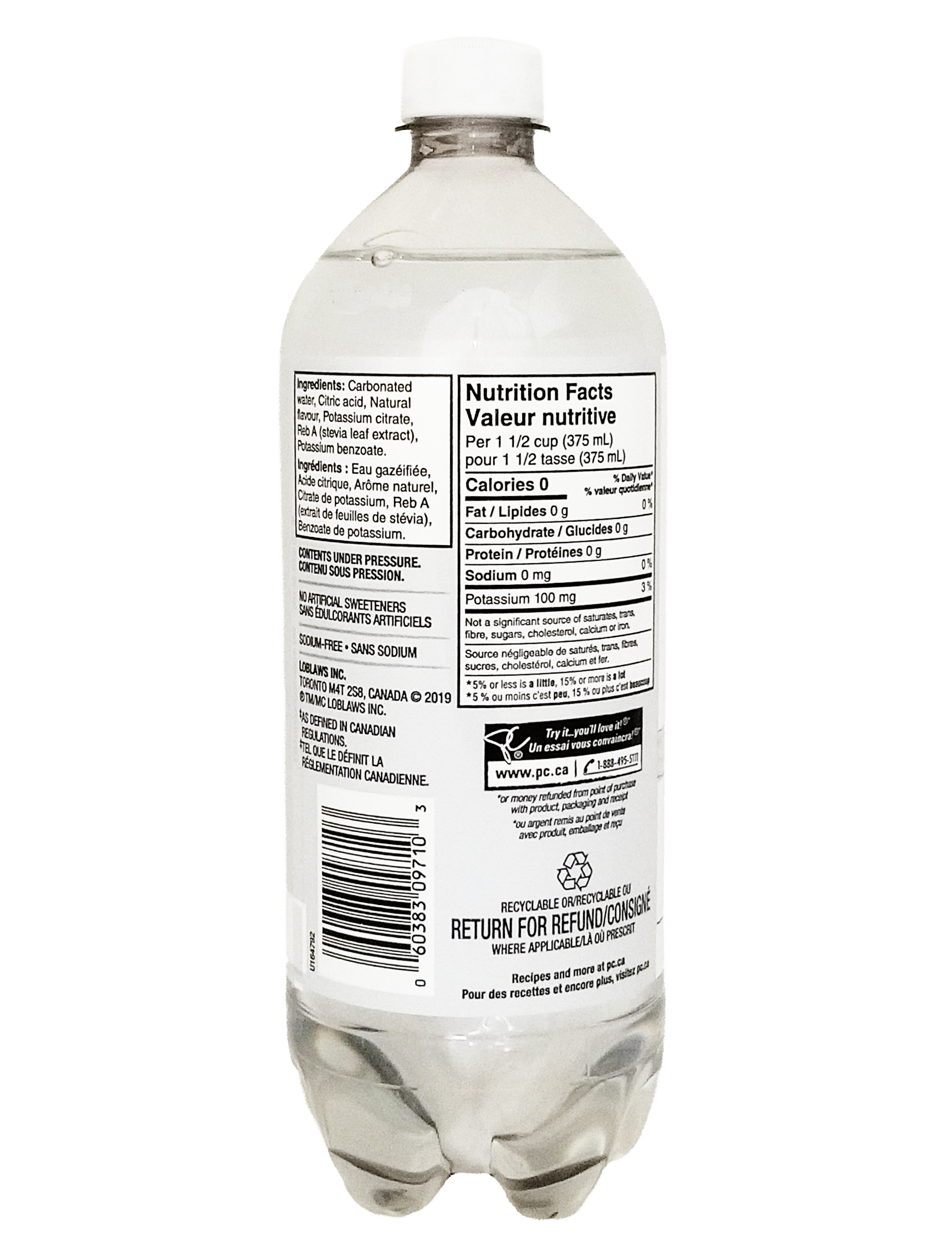Clear plastic bottle of President's Choice Black Cherry Flavored Sparkling Water, 1L/35.2 fl oz with nutritional facts label on a white background