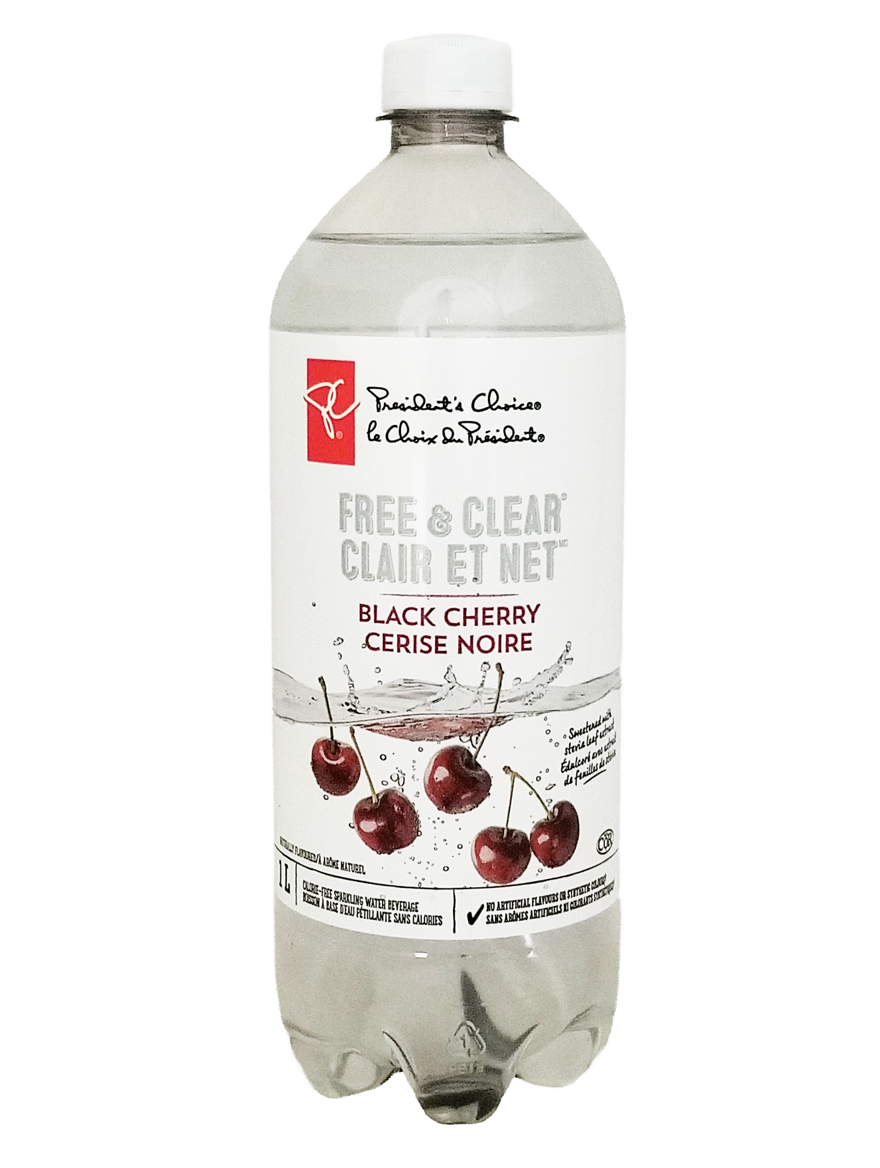 Bottle of President's Choice Black Cherry Flavored Sparkling Water, 1L/35.2 fl oz on a white background