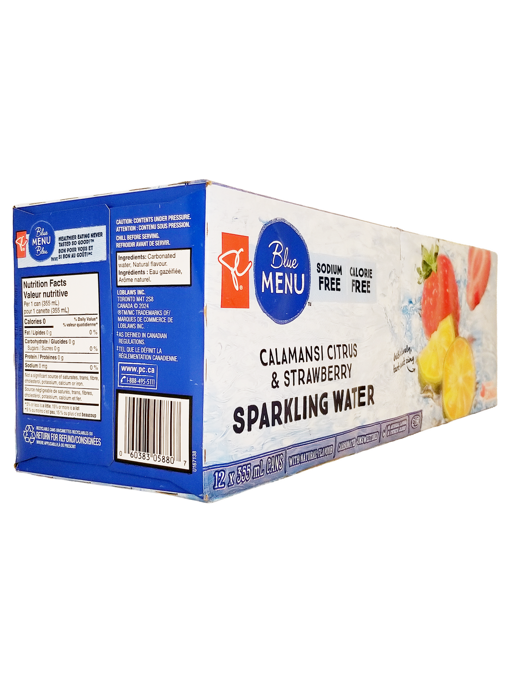 Box of Blue Menu Calamansi Citrus & Strawberry Sparkling Water on a white background