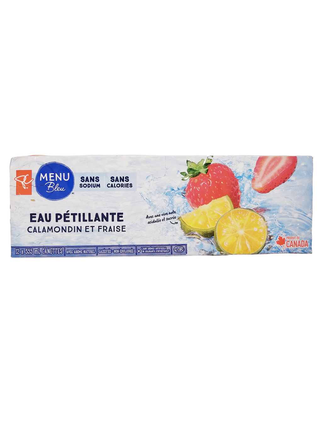Packaging of sparkling water with strawberry and lemon illustration on a white background