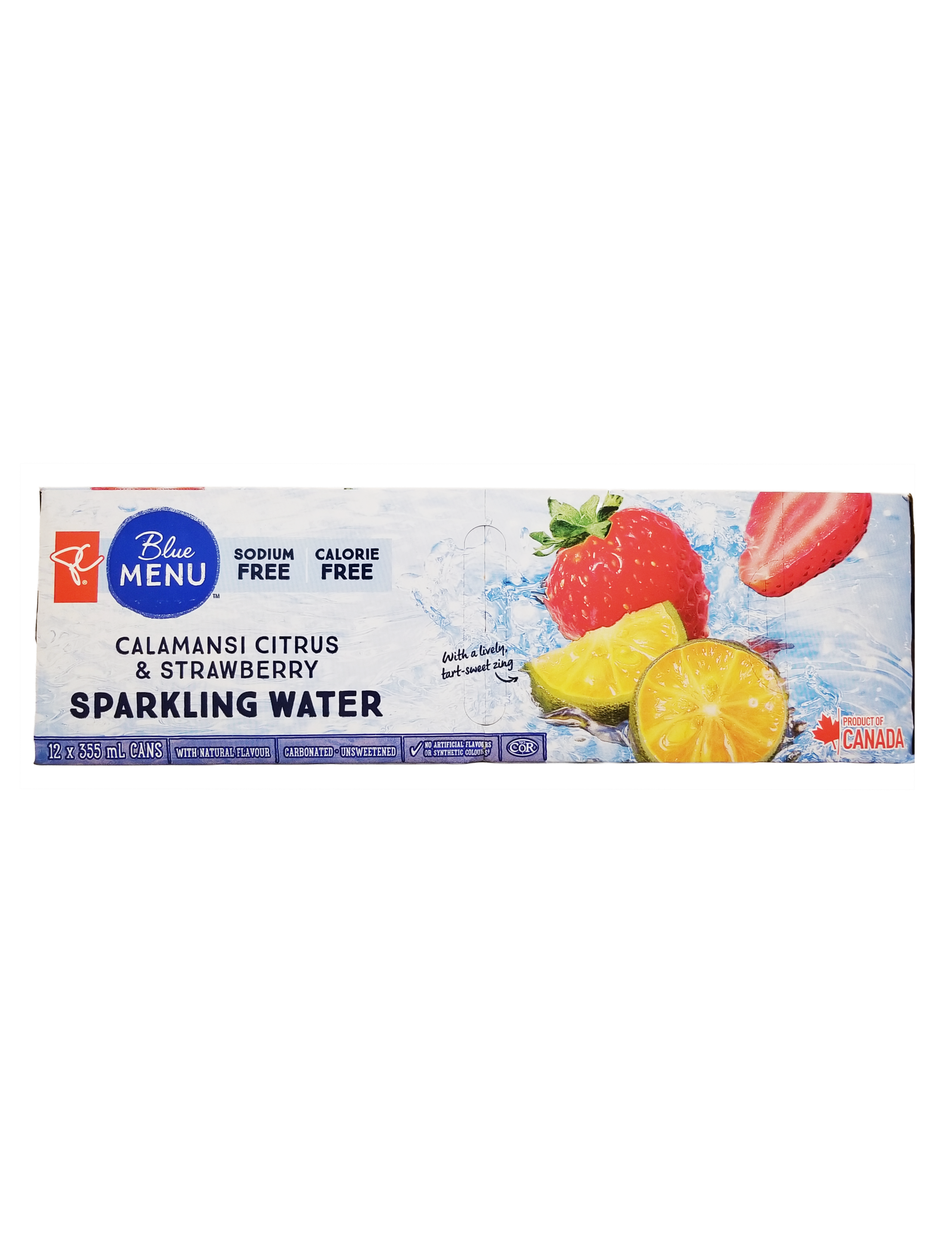 Box of Blue Menu Calamansi Citrus & Strawberry Sparkling Water on a white background