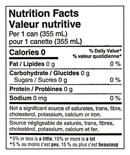 Nutrition facts label for PC Blue Menu Sparkling Water, Calamansi Citrus & Strawberry Unflavored, 12x355ml, 355ml/12.5 fl oz with 0 calories, fat, carbs, sugars, protein, and sodium.