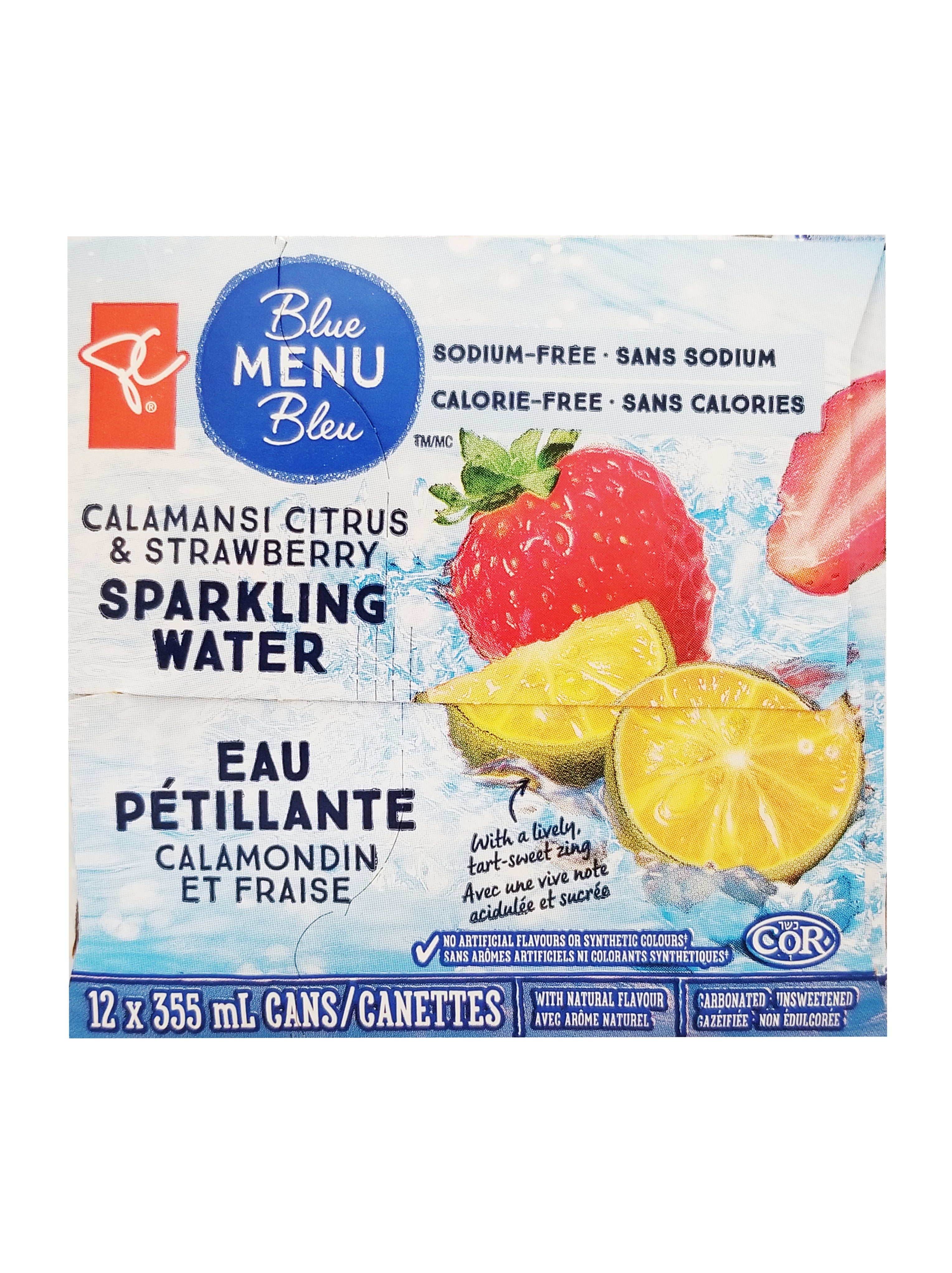 Box of Blue Menu Bleu Calamansi Citrus & Strawberry Sparkling Water on a white background
