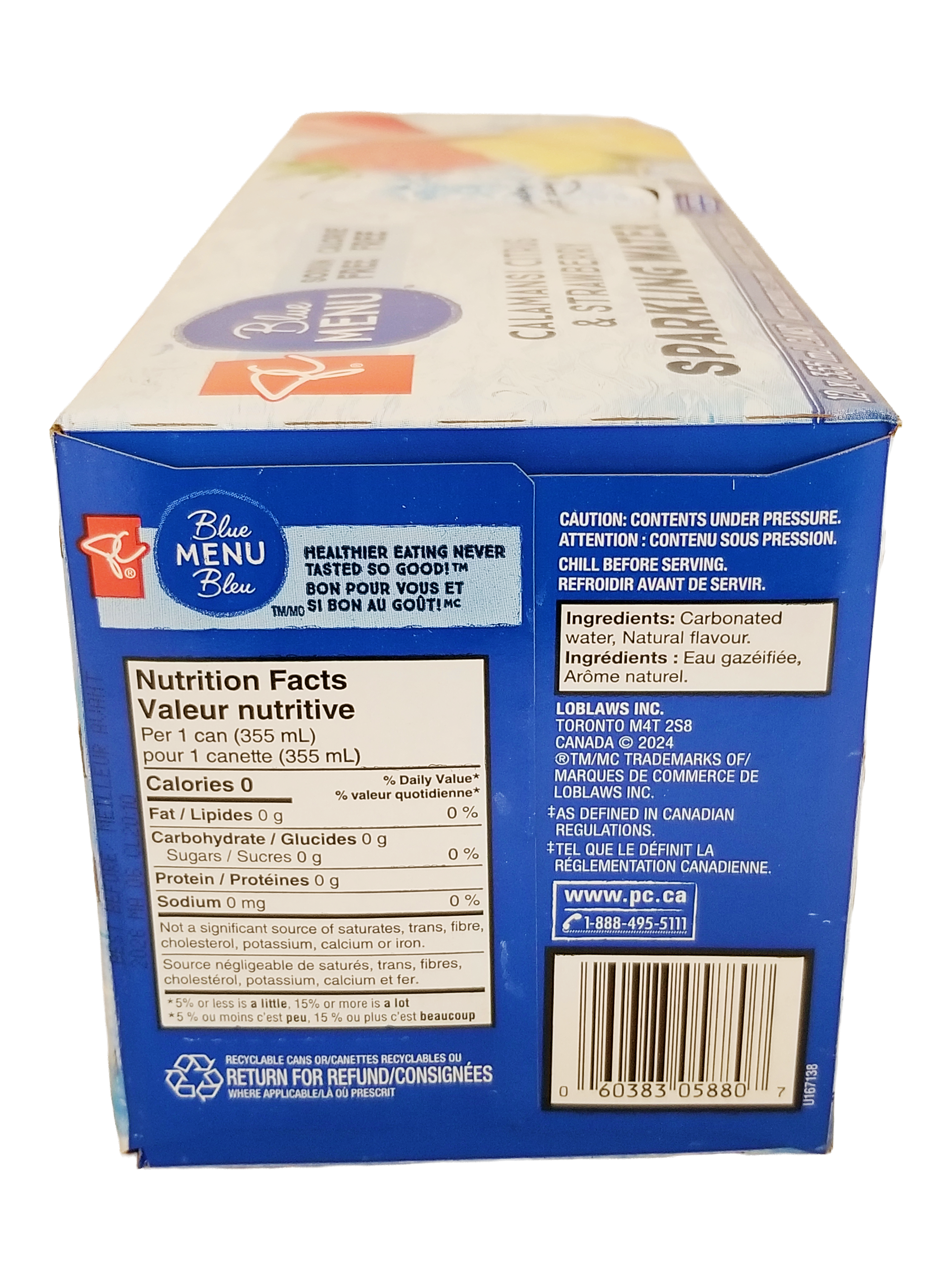 Back of a Blue Menu sparkling water box with nutrition facts and ingredients listed.