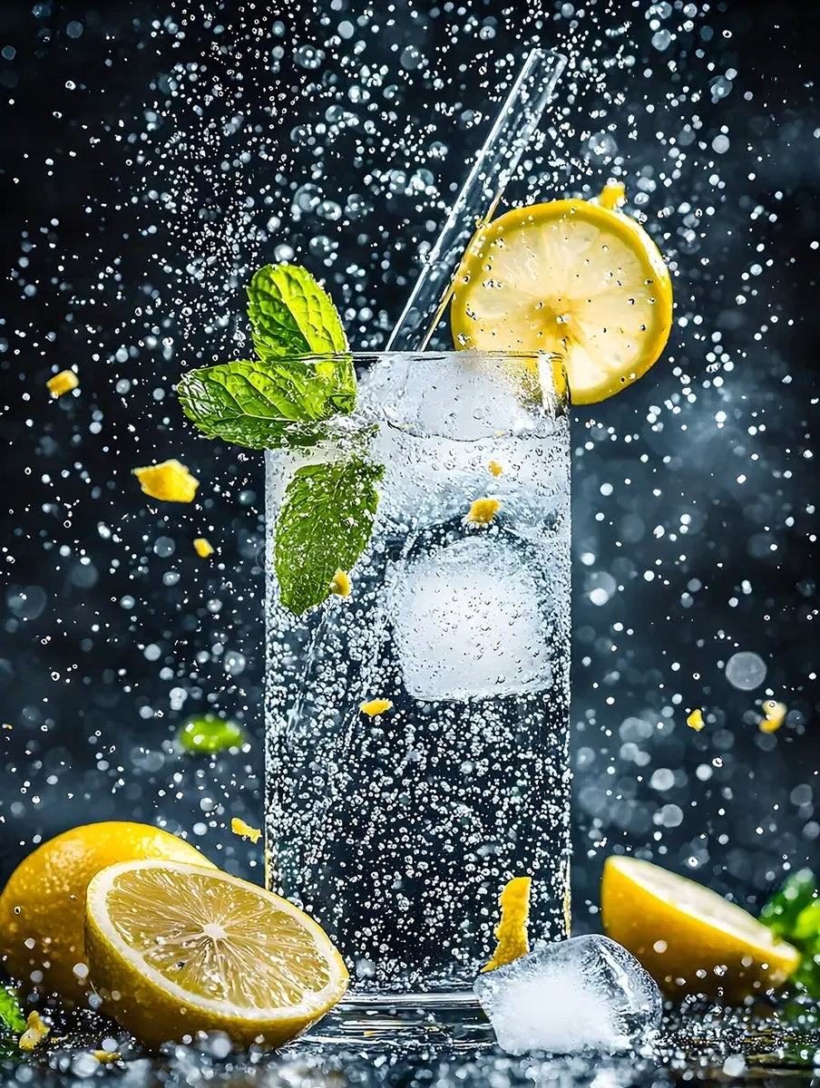 Gin and tonic cocktail with lemon slices and mint leaves on a dark background