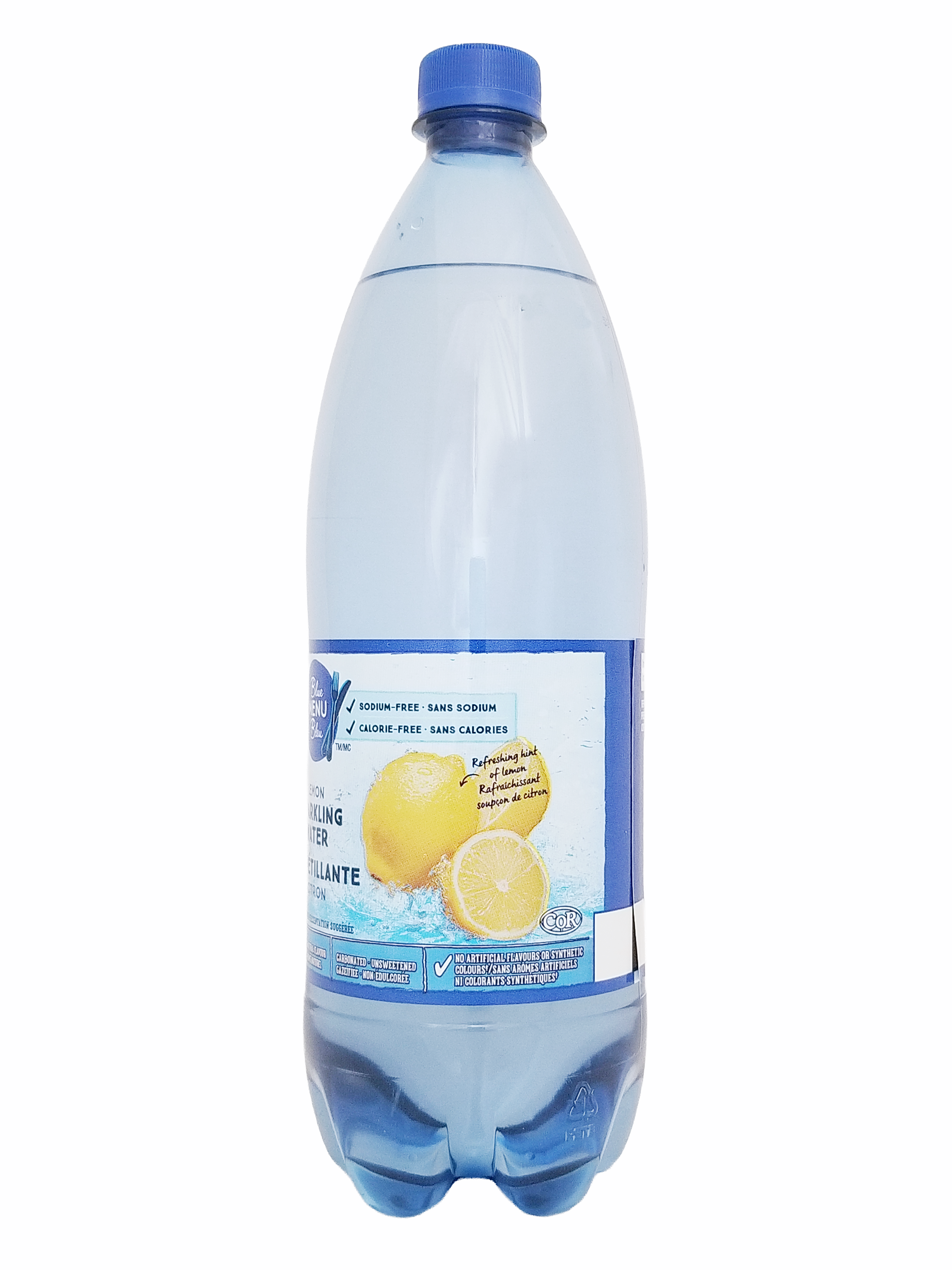 Bottle of PC Blue Menu Unsweetened Lemon Flavored Sparkling Water, 1L/35.2 fl oz with a blue cap on a white background